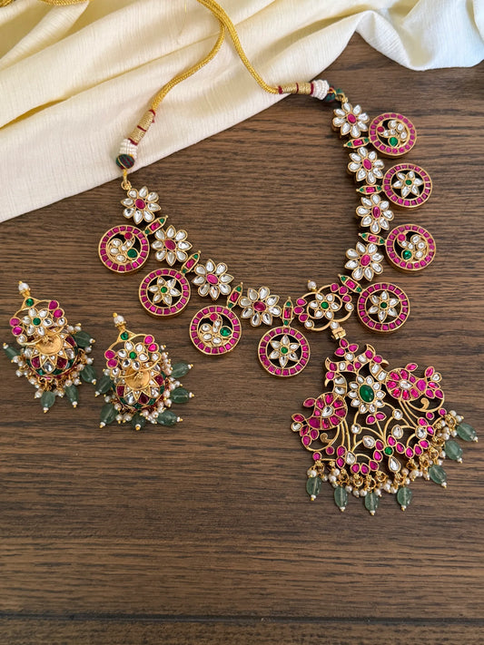 Grand Jadau Kundan Peacock & Floral Necklace Set