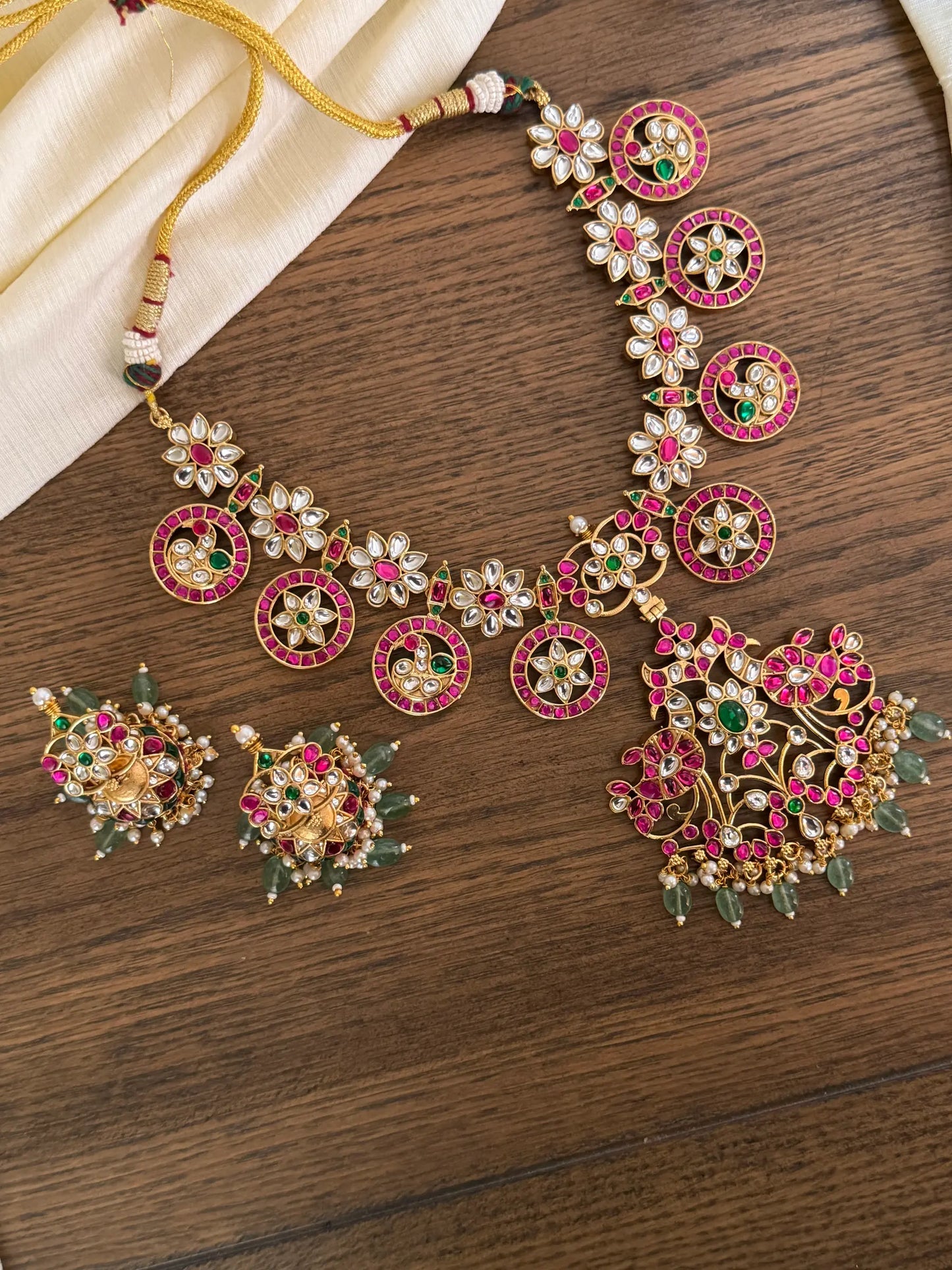 Grand Jadau Kundan Peacock & Floral Necklace Set