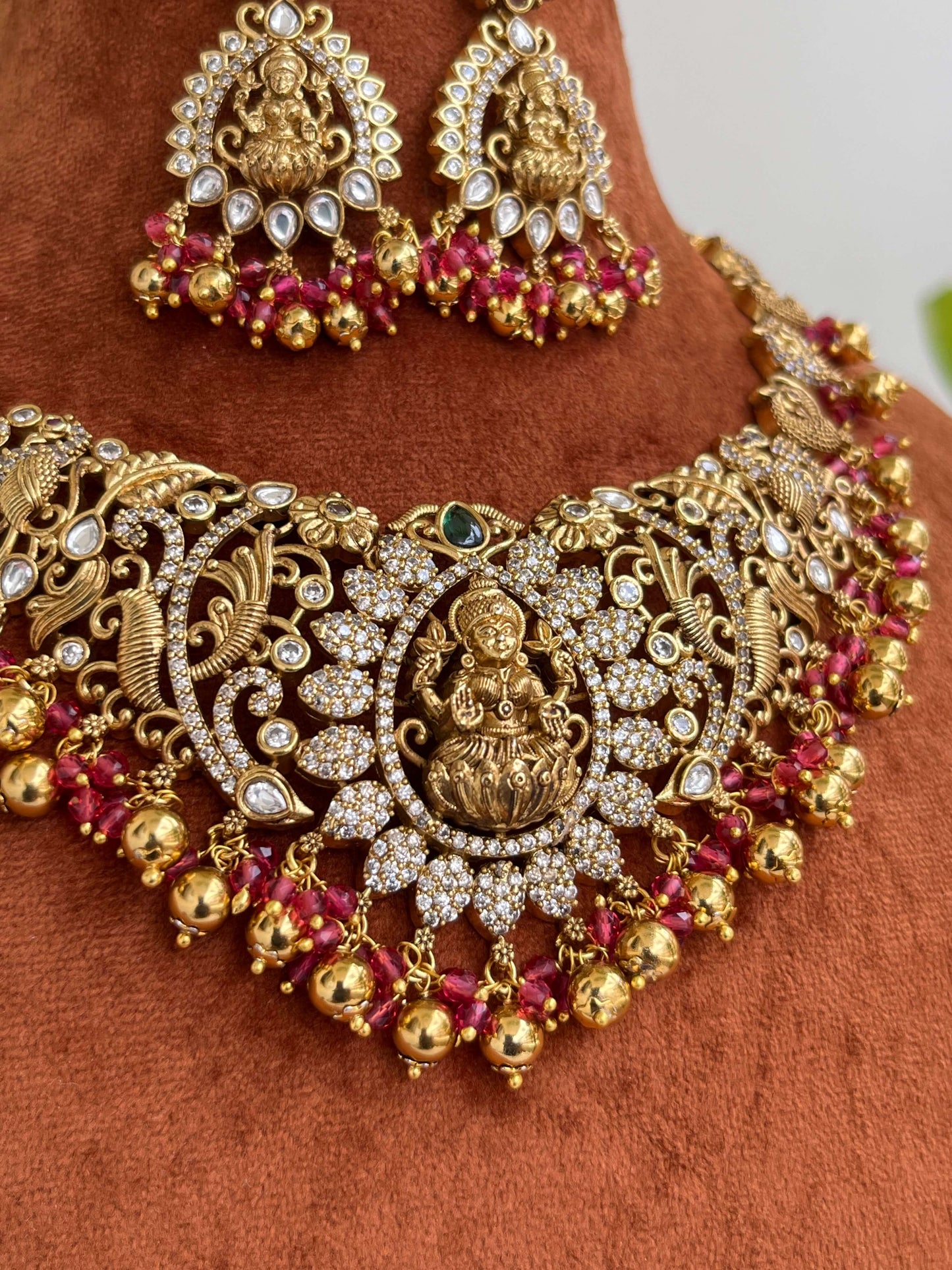 Bridal & Semi-Bridal Short Temple Necklace with Lakshmi Motif | Pink & Green Variants