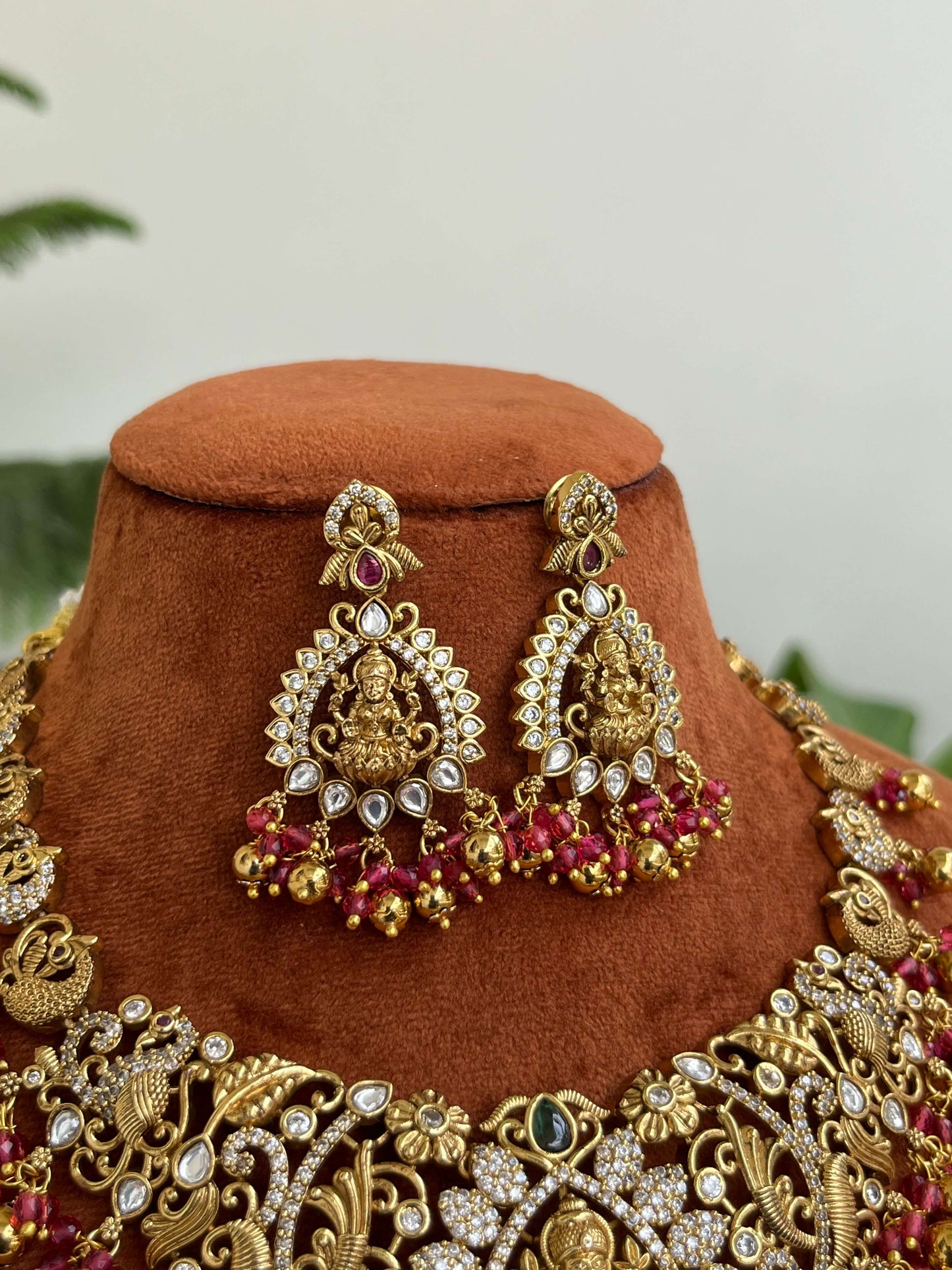 Bridal & Semi-Bridal Short Temple Necklace with Lakshmi Motif | Pink & Green Variants