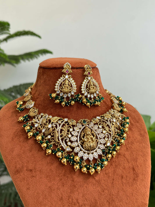 Bridal & Semi-Bridal Short Temple Necklace with Lakshmi Motif | Pink & Green Variants