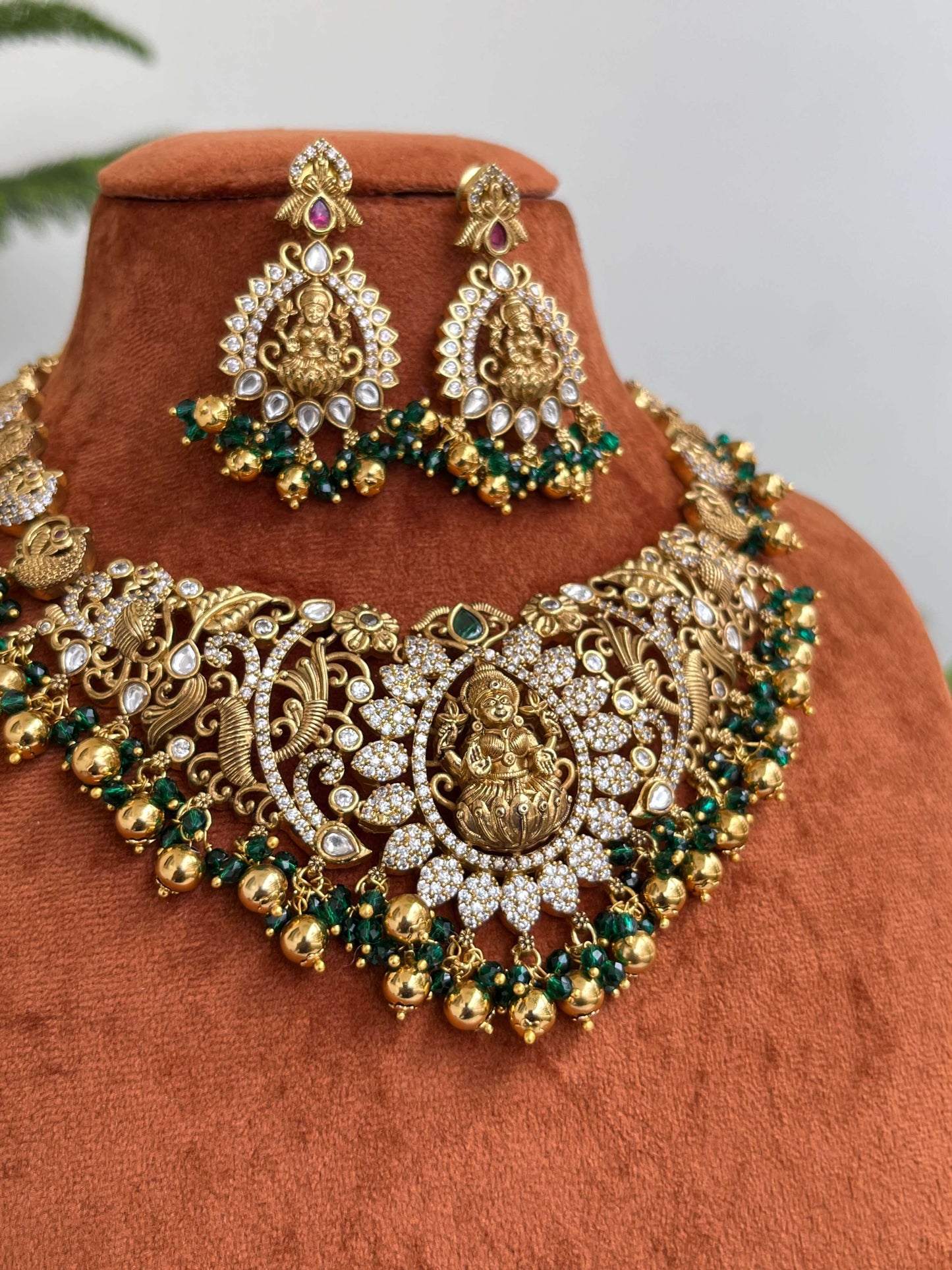 Bridal & Semi-Bridal Short Temple Necklace with Lakshmi Motif | Pink & Green Variants