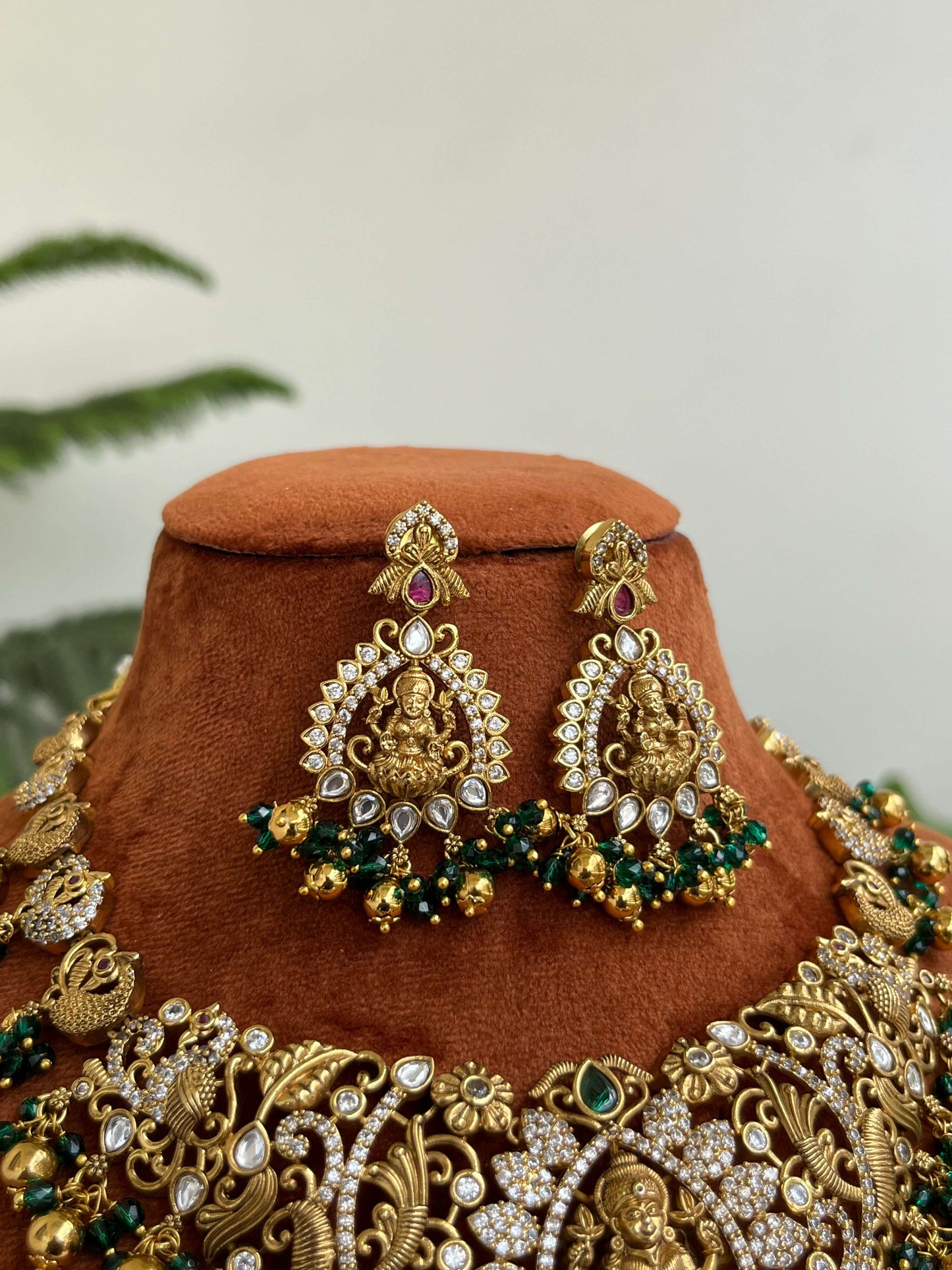 Bridal & Semi-Bridal Short Temple Necklace with Lakshmi Motif | Pink & Green Variants