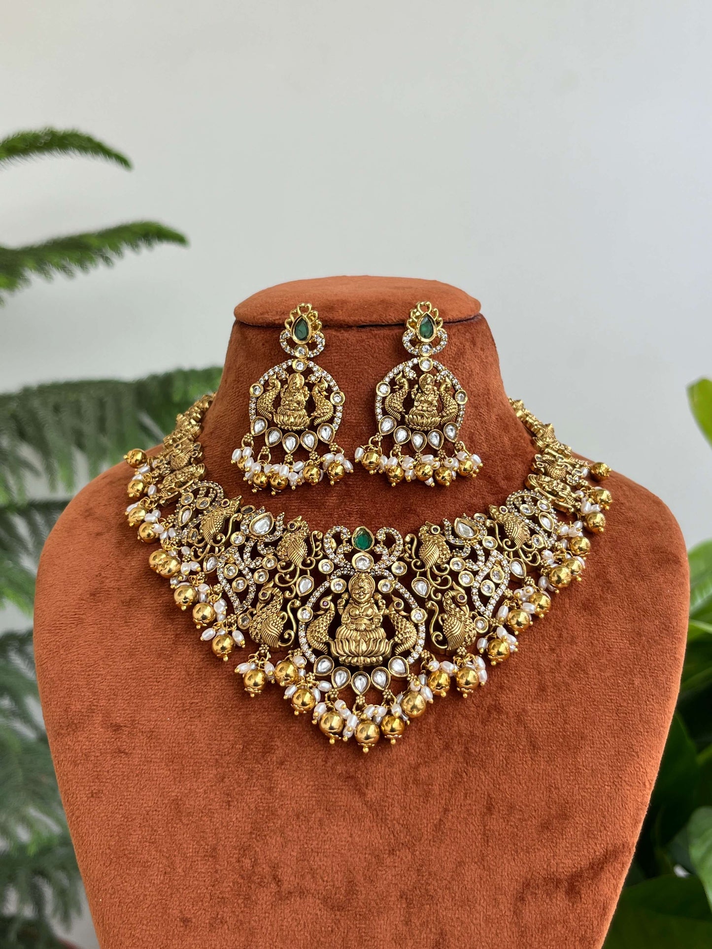 Grand Temple Bridal Short Necklace with Lakshmi Devi & Peacock Design | Semi-Bridal & Bridal Jewelry