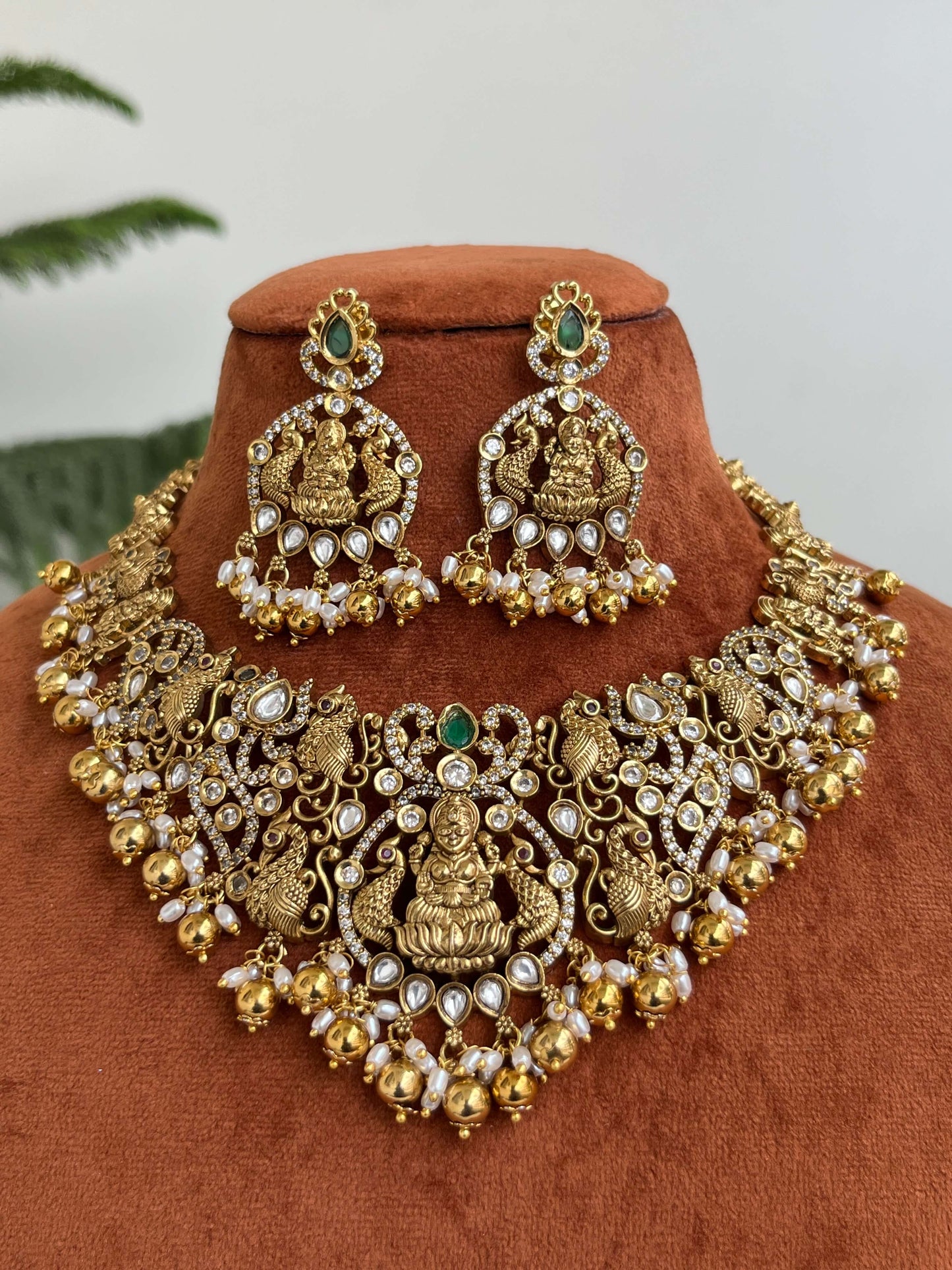 Grand Temple Bridal Short Necklace with Lakshmi Devi & Peacock Design | Semi-Bridal & Bridal Jewelry