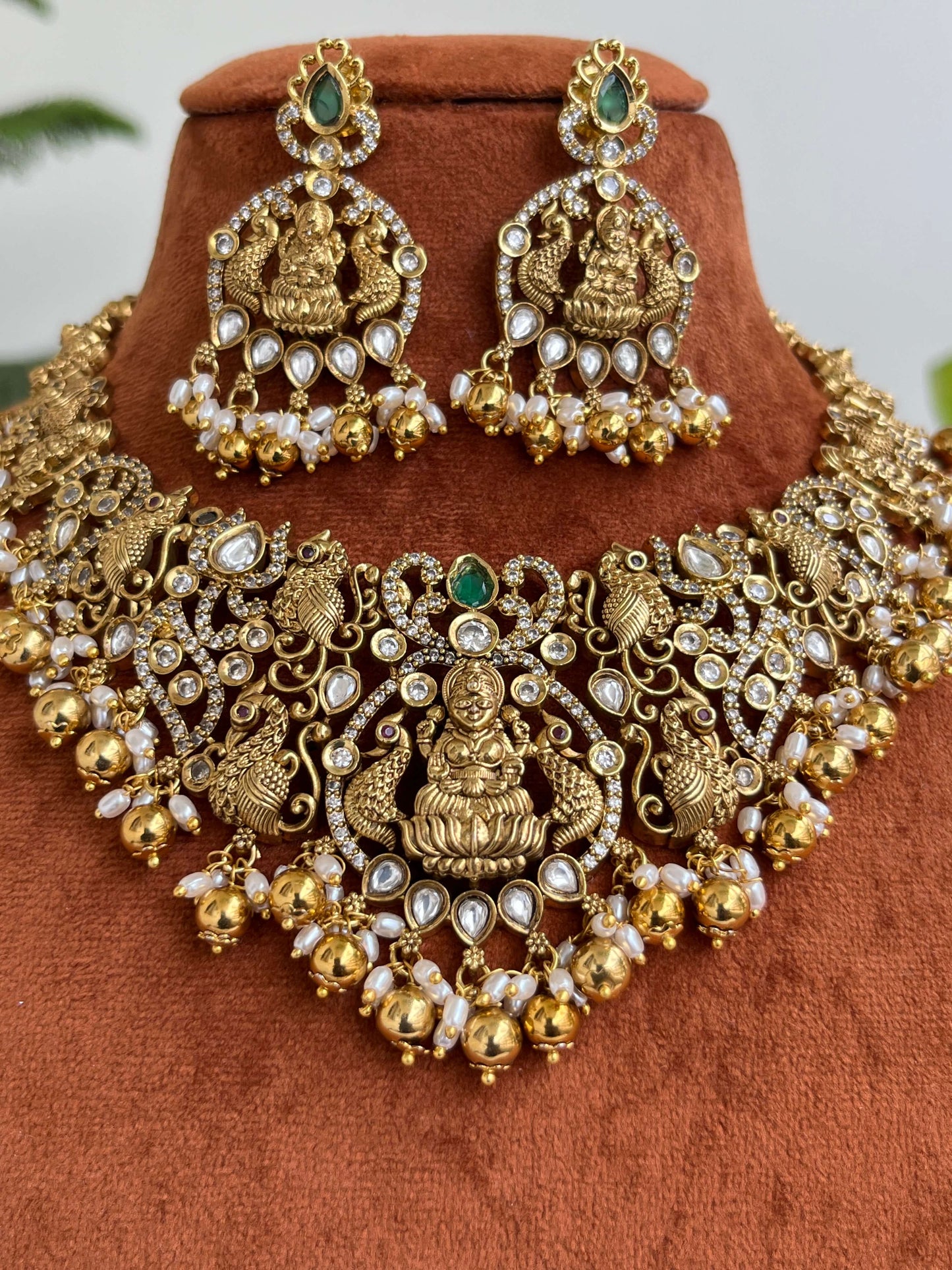 Grand Temple Bridal Short Necklace with Lakshmi Devi & Peacock Design | Semi-Bridal & Bridal Jewelry