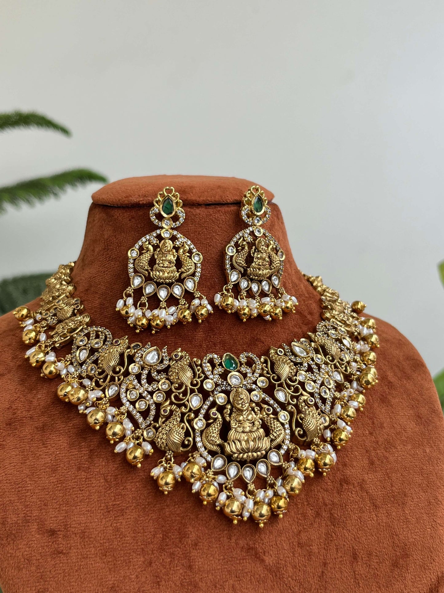 Grand Temple Bridal Short Necklace with Lakshmi Devi & Peacock Design | Semi-Bridal & Bridal Jewelry