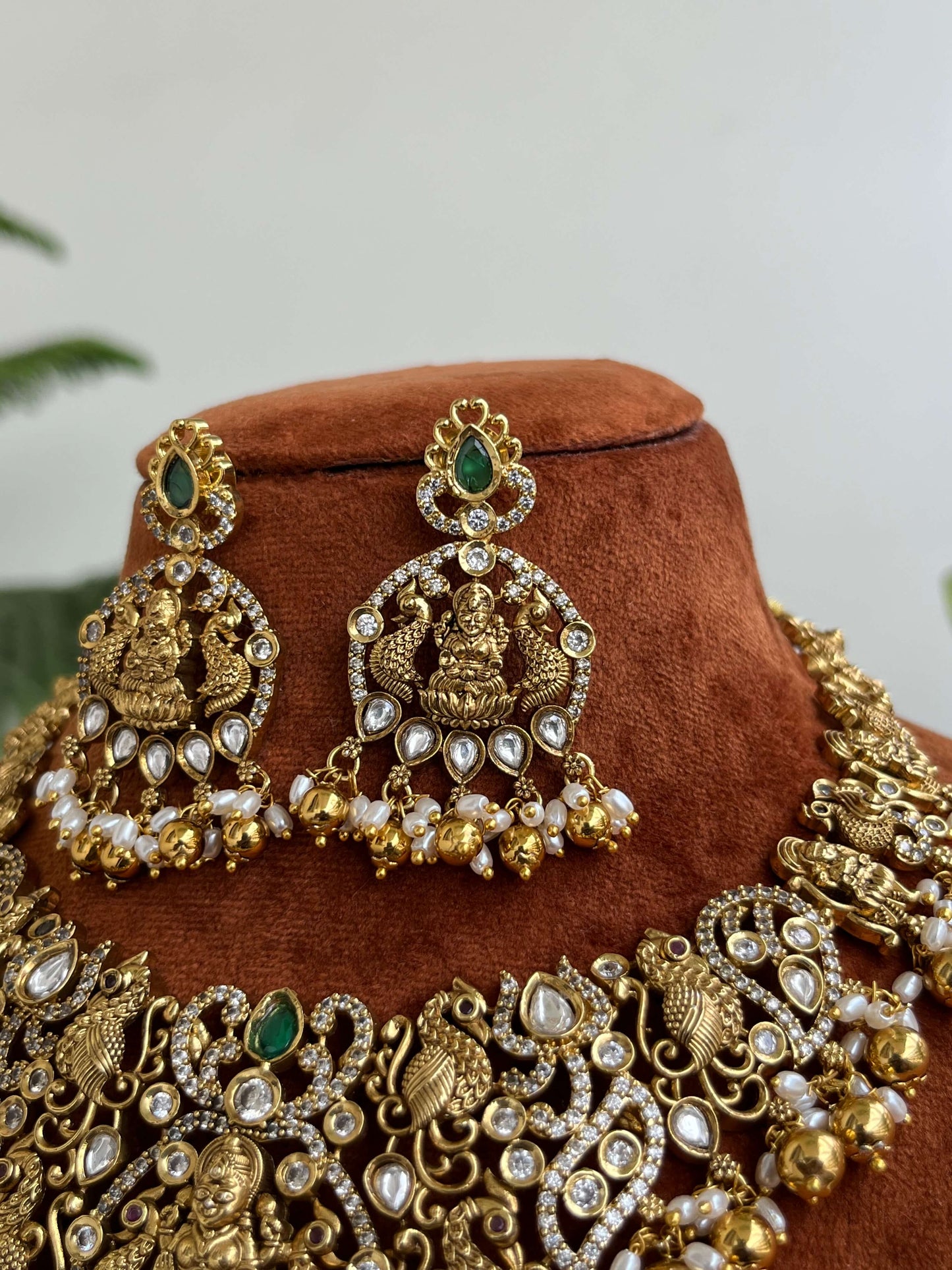 Grand Temple Bridal Short Necklace with Lakshmi Devi & Peacock Design | Semi-Bridal & Bridal Jewelry