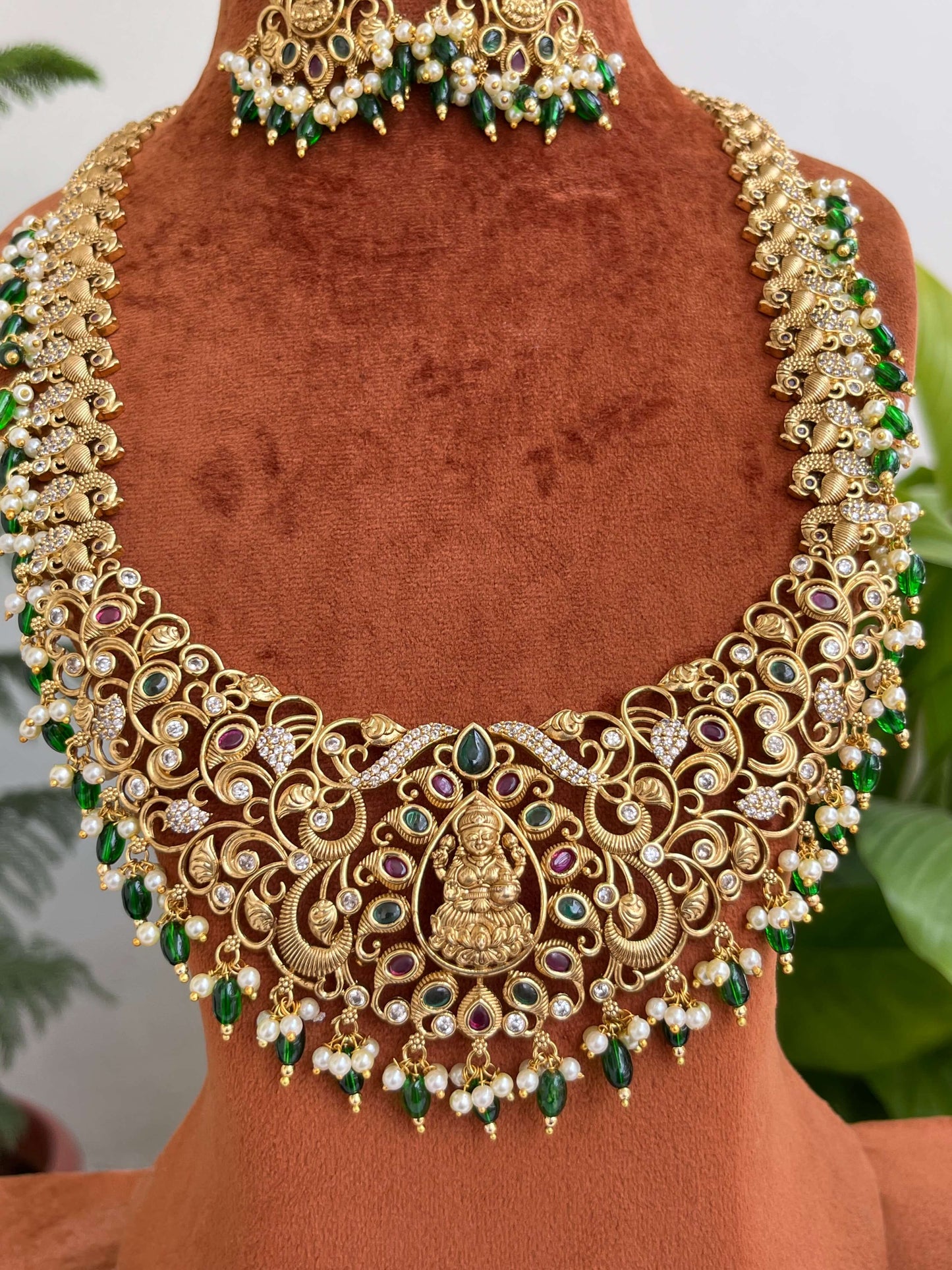 Bridal Temple Long Haram with Lakshmi Devi & Peacock Design | Antique Gold Finish