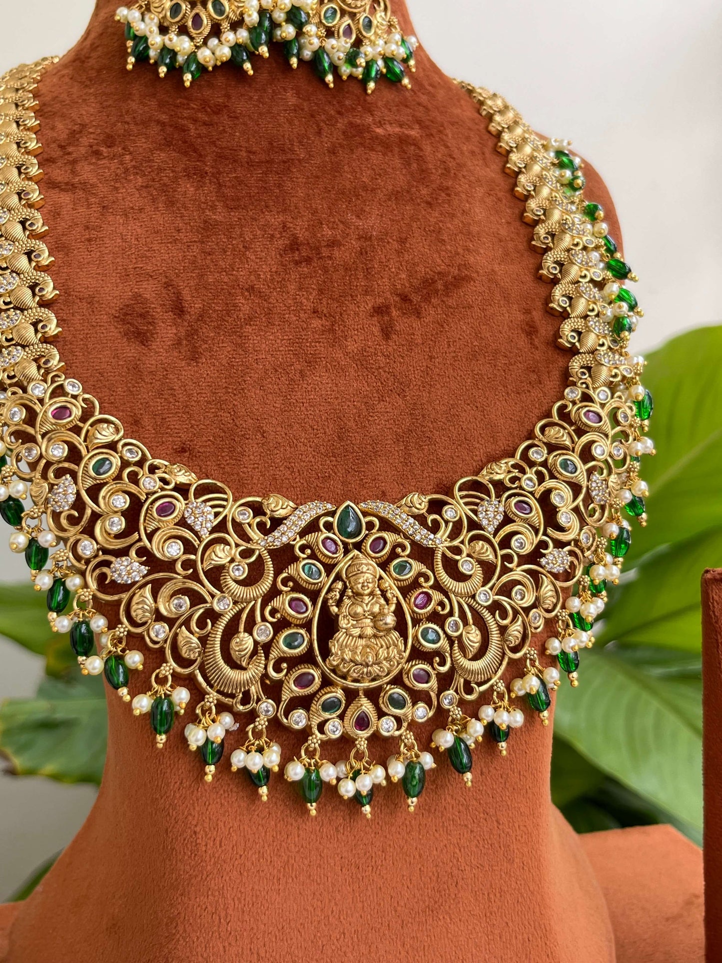 Bridal Temple Long Haram with Lakshmi Devi & Peacock Design | Antique Gold Finish