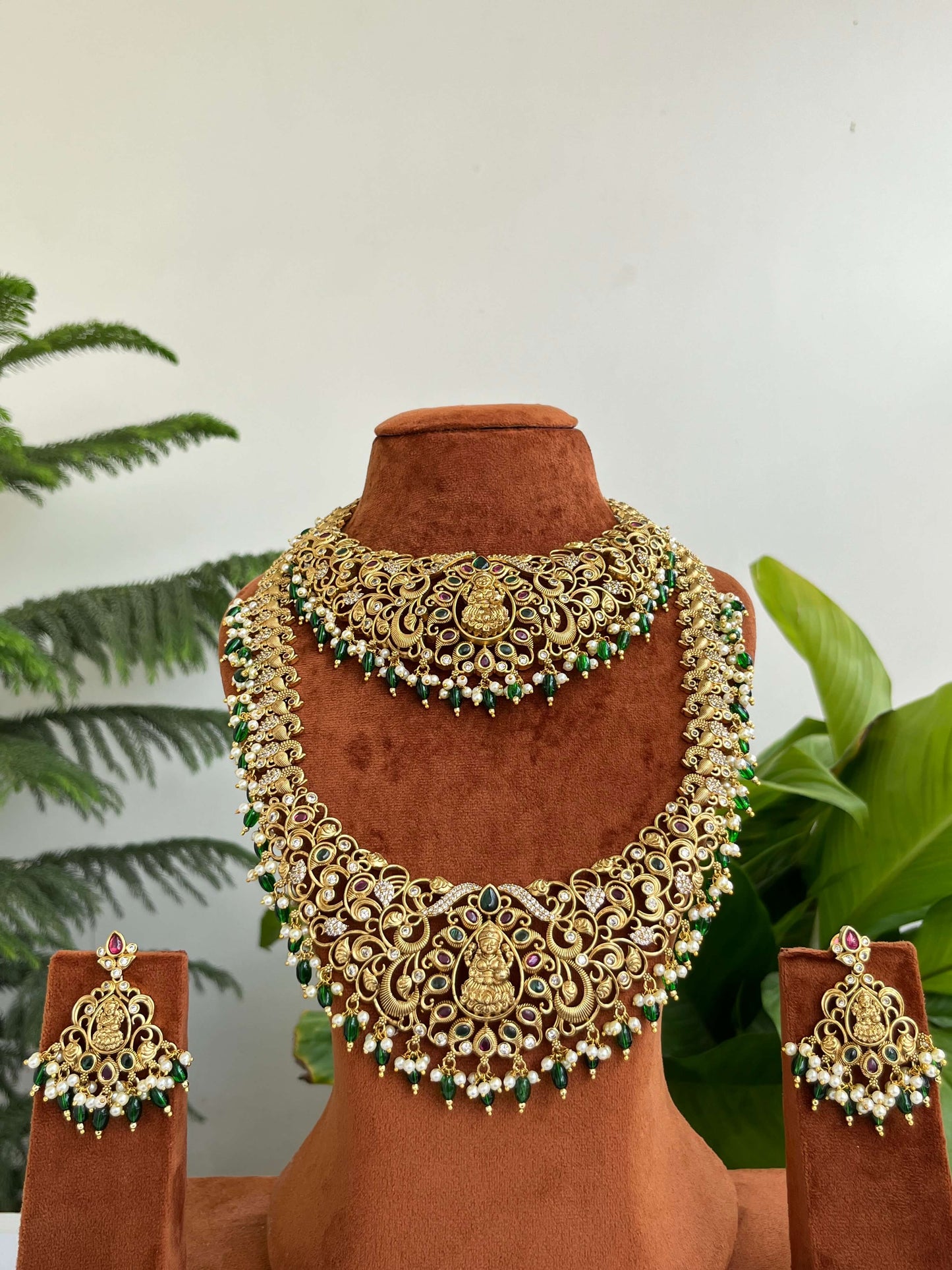 Bridal Temple Jewelry Combo | Nakshi Long Haram & Short Necklace Set with Lakshmi Devi & Peacock Design