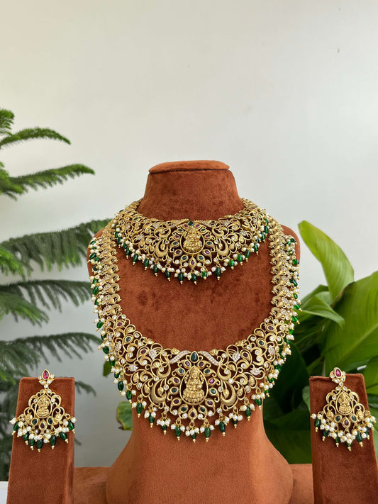 Bridal Temple Jewelry Combo | Nakshi Long Haram & Short Necklace Set with Lakshmi Devi & Peacock Design