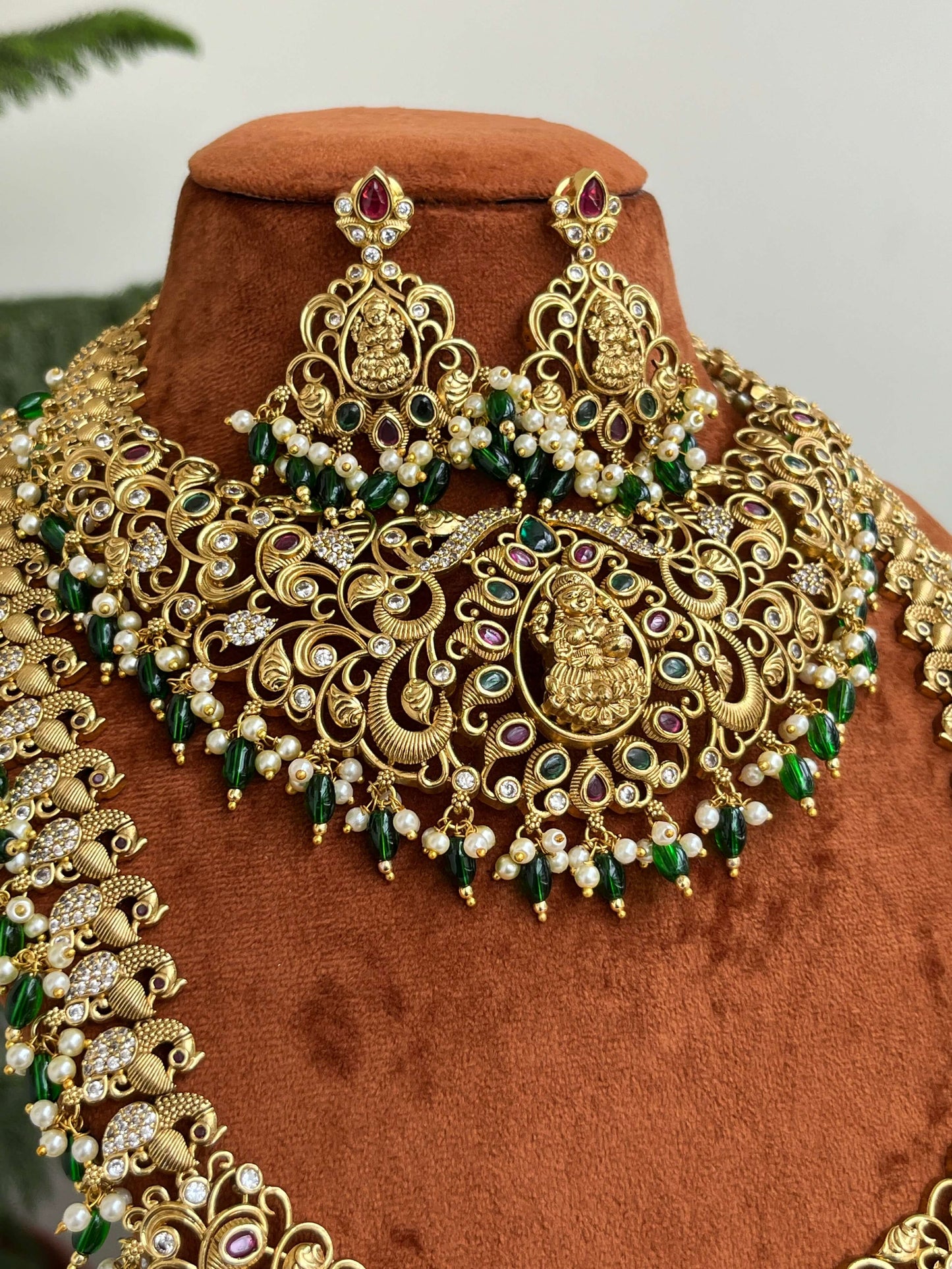 Bridal Temple Jewelry Combo | Nakshi Long Haram & Short Necklace Set with Lakshmi Devi & Peacock Design