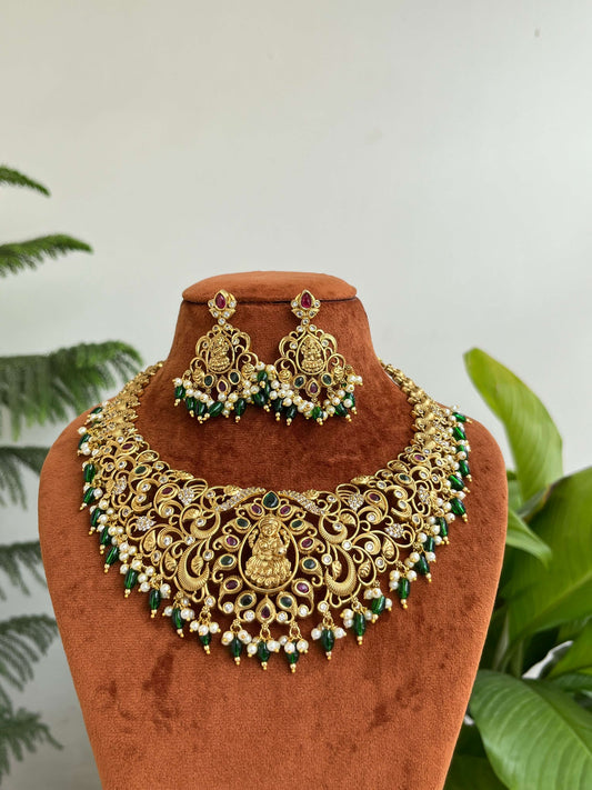 Bridal Temple Short Necklace with Lakshmi Devi & Peacock Design | Antique Gold Finish
