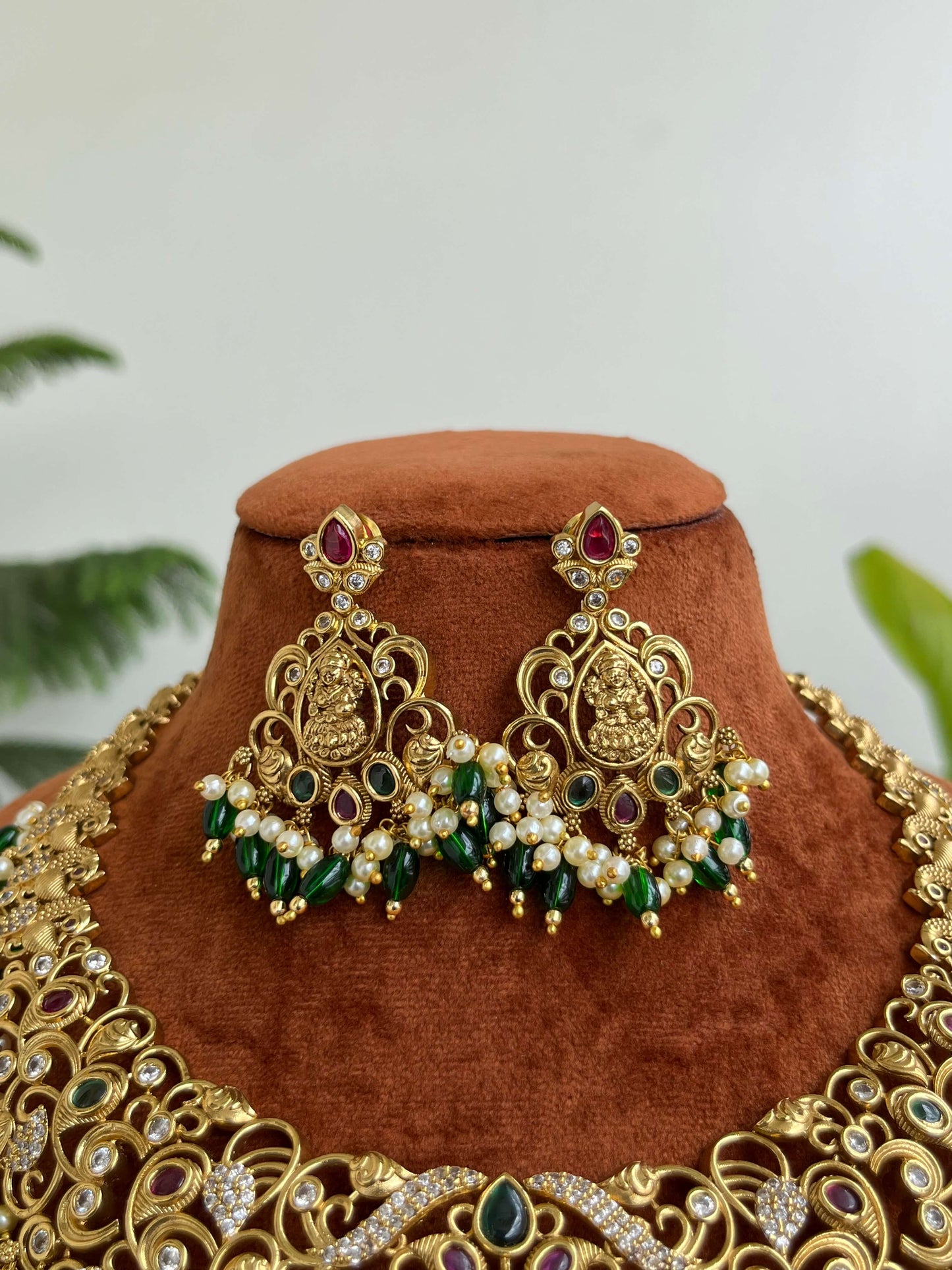 Bridal Temple Short Necklace with Lakshmi Devi & Peacock Design | Antique Gold Finish