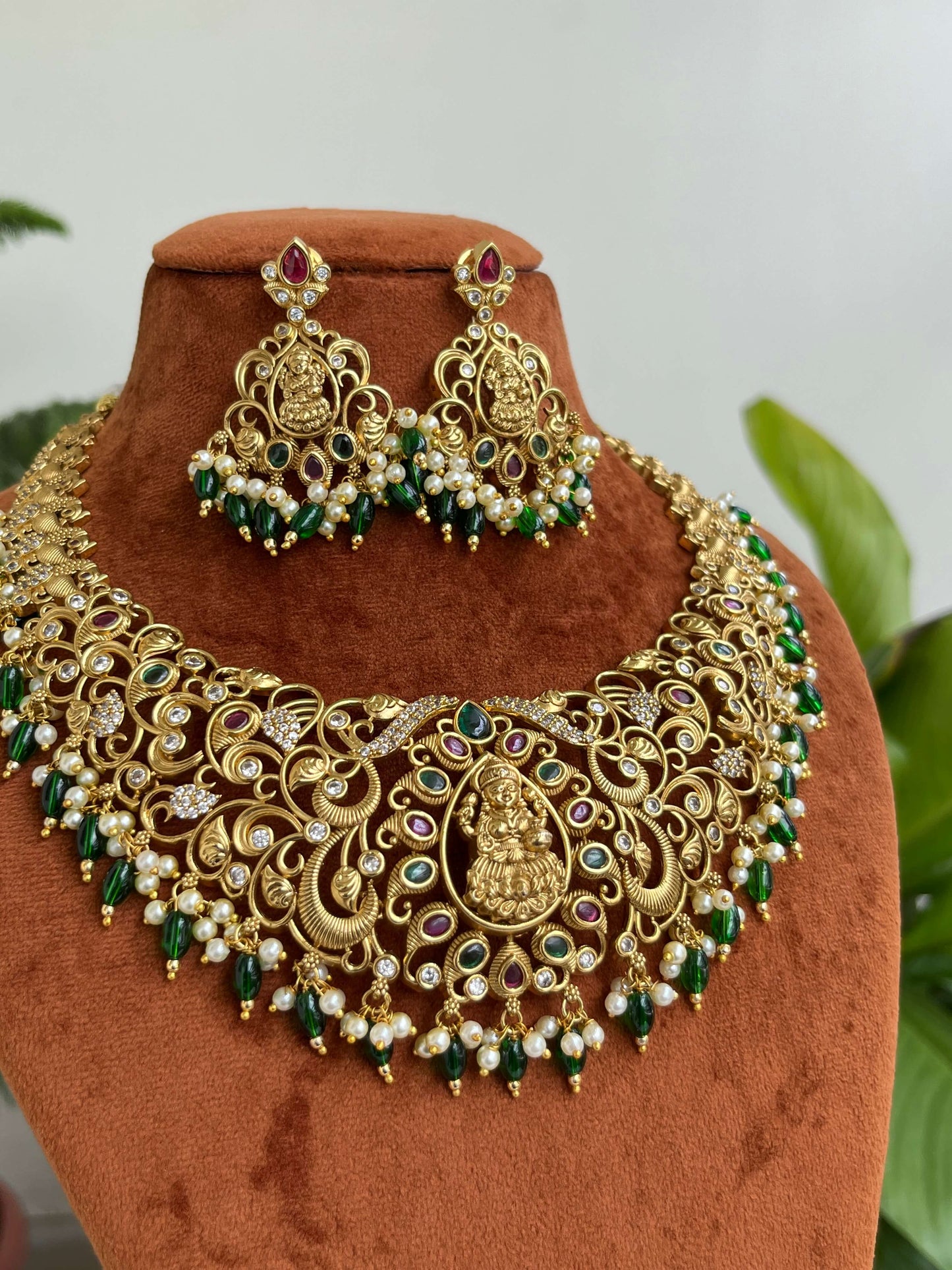 Bridal Temple Jewelry Combo | Nakshi Long Haram & Short Necklace Set with Lakshmi Devi & Peacock Design