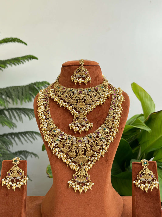 Bridal Temple Jewelry Set | Short Necklace, Long Haram, Earrings & Maang Tikka | Lakshmi & Pearl Design