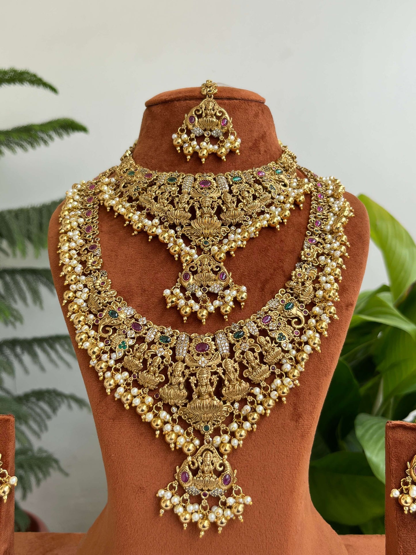 Bridal Temple Jewelry Set | Short Necklace, Long Haram, Earrings & Maang Tikka | Lakshmi & Pearl Design