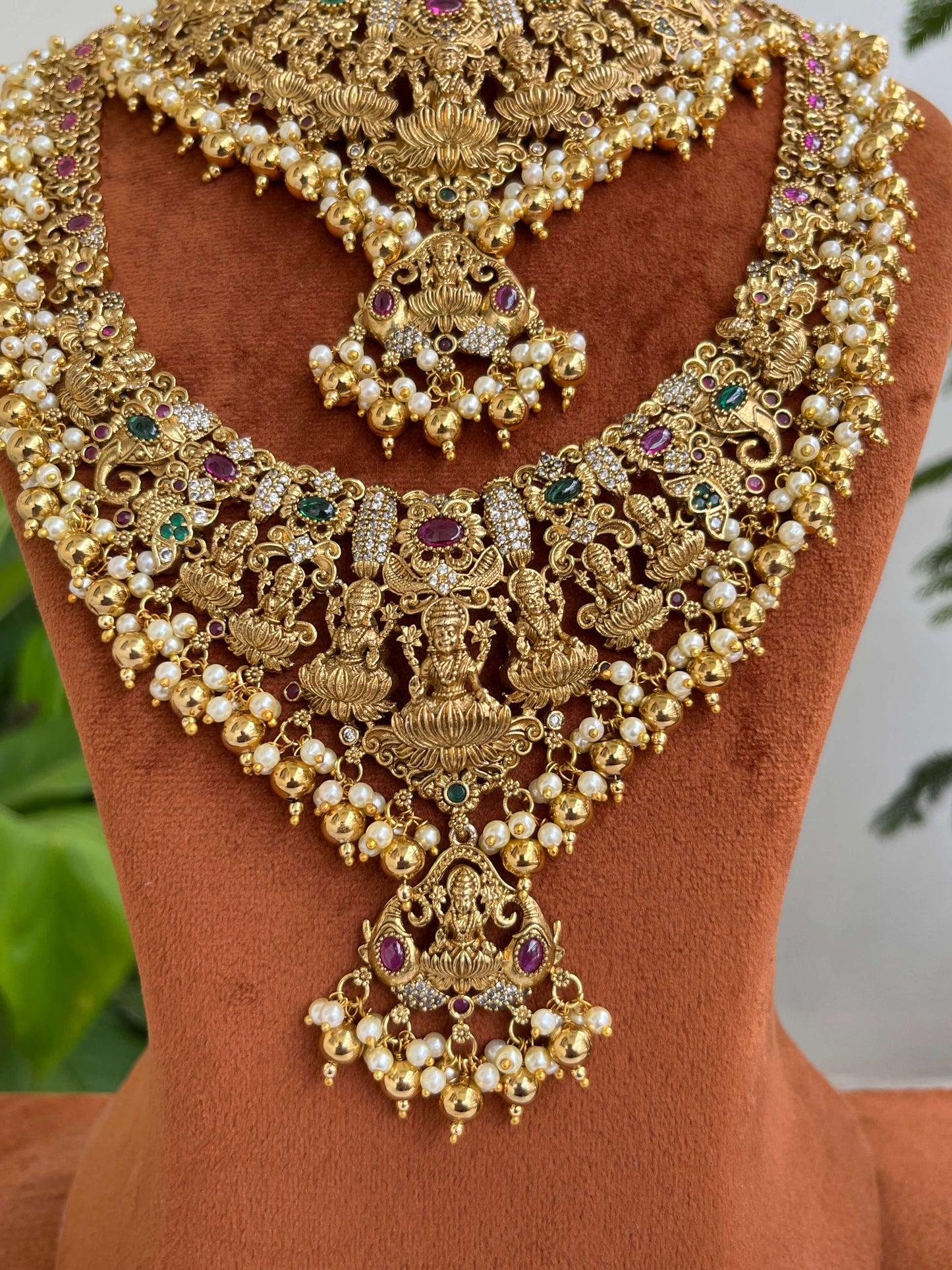 Bridal Temple Jewelry Set | Short Necklace, Long Haram, Earrings & Maang Tikka | Lakshmi & Pearl Design
