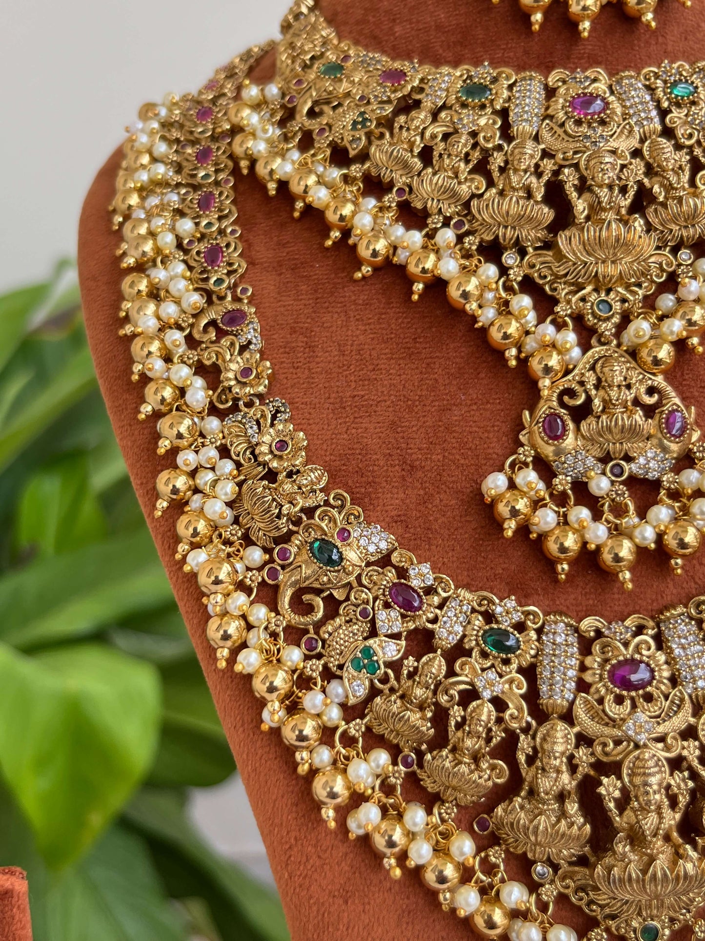 Bridal Temple Jewelry Set | Short Necklace, Long Haram, Earrings & Maang Tikka | Lakshmi & Pearl Design