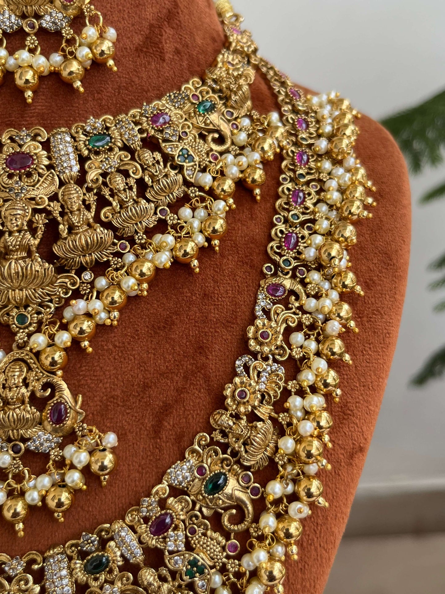 Bridal Temple Jewelry Set | Short Necklace, Long Haram, Earrings & Maang Tikka | Lakshmi & Pearl Design