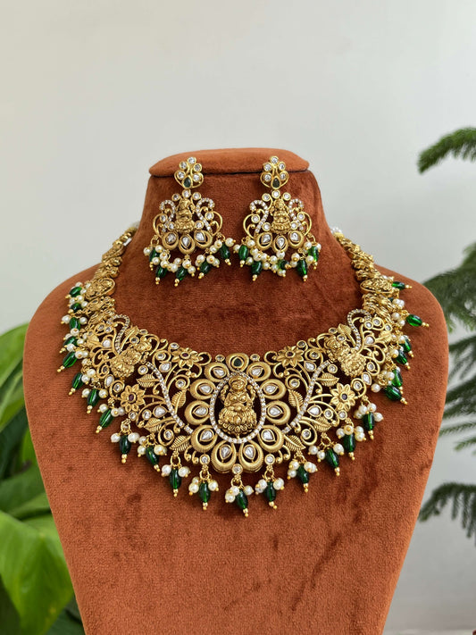 Bridal Short Temple Necklace with Lakshmi Devi Pendant & Peacock Design | Antique Gold