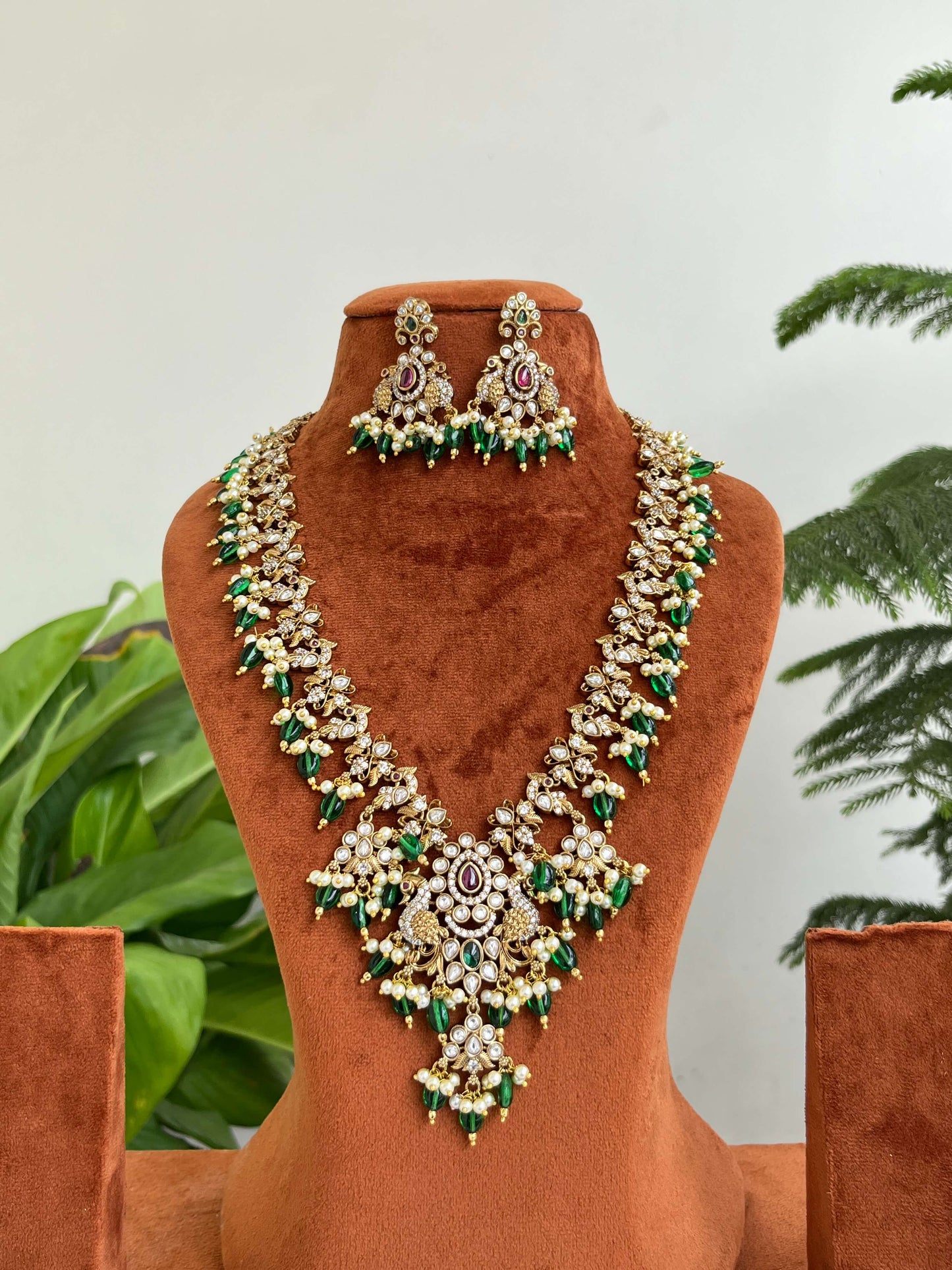 Victorian Long Haram | Green Stone & Kundan Bridal Necklace