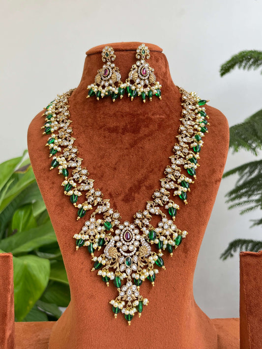 Victorian Long Haram | Green Stone & Kundan Bridal Necklace
