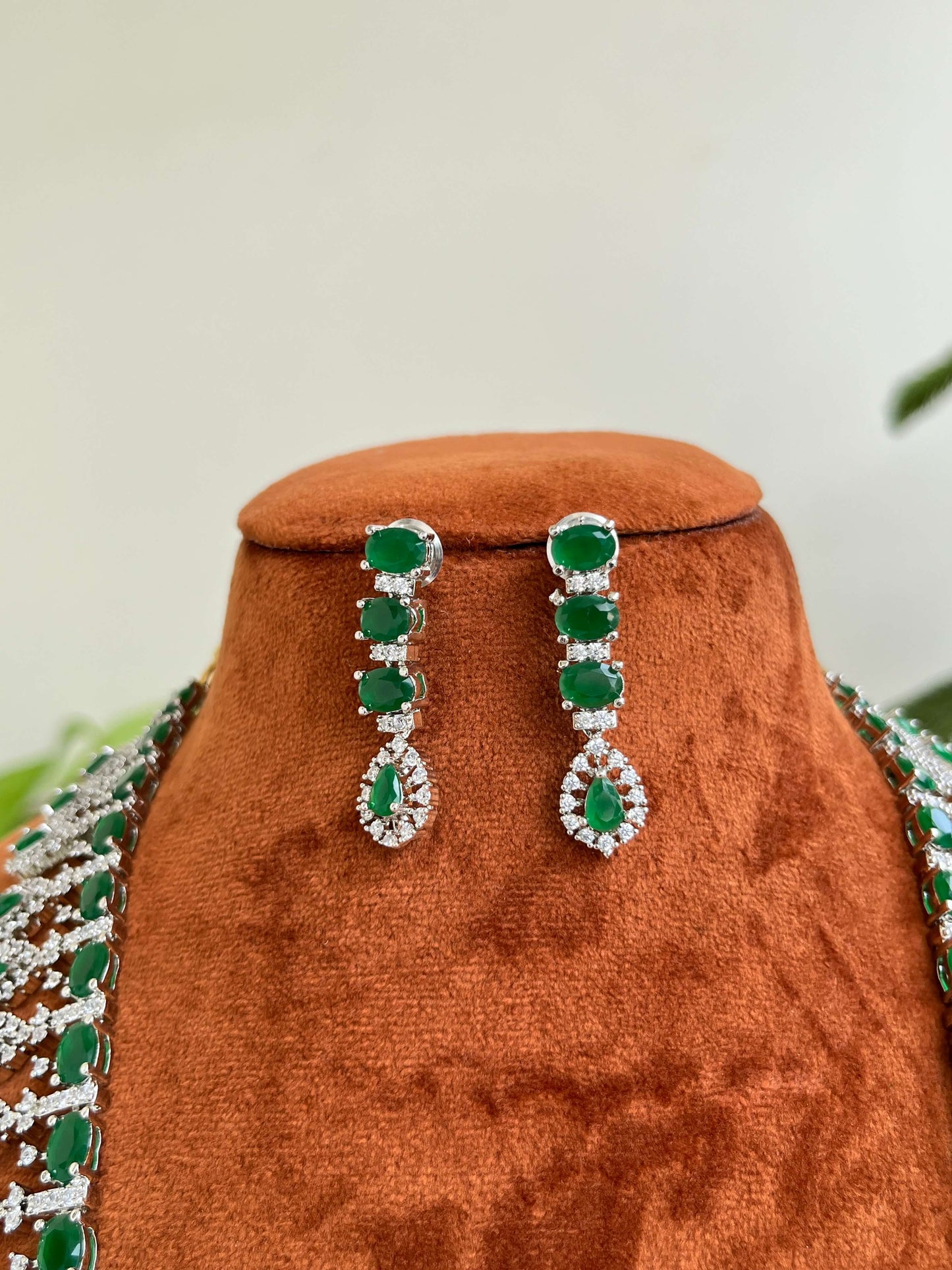 Silver CZ Studded Long Haram with Emerald Motifs & Earrings | Bridal Jewelry Set