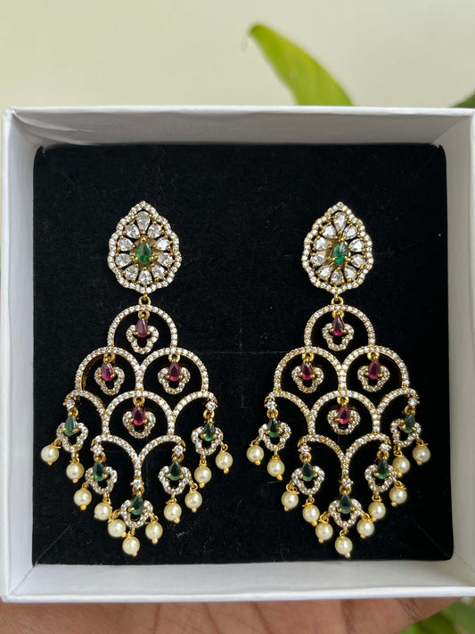 Studded Step Dangler Earrings with Emerald & Ruby Accents
