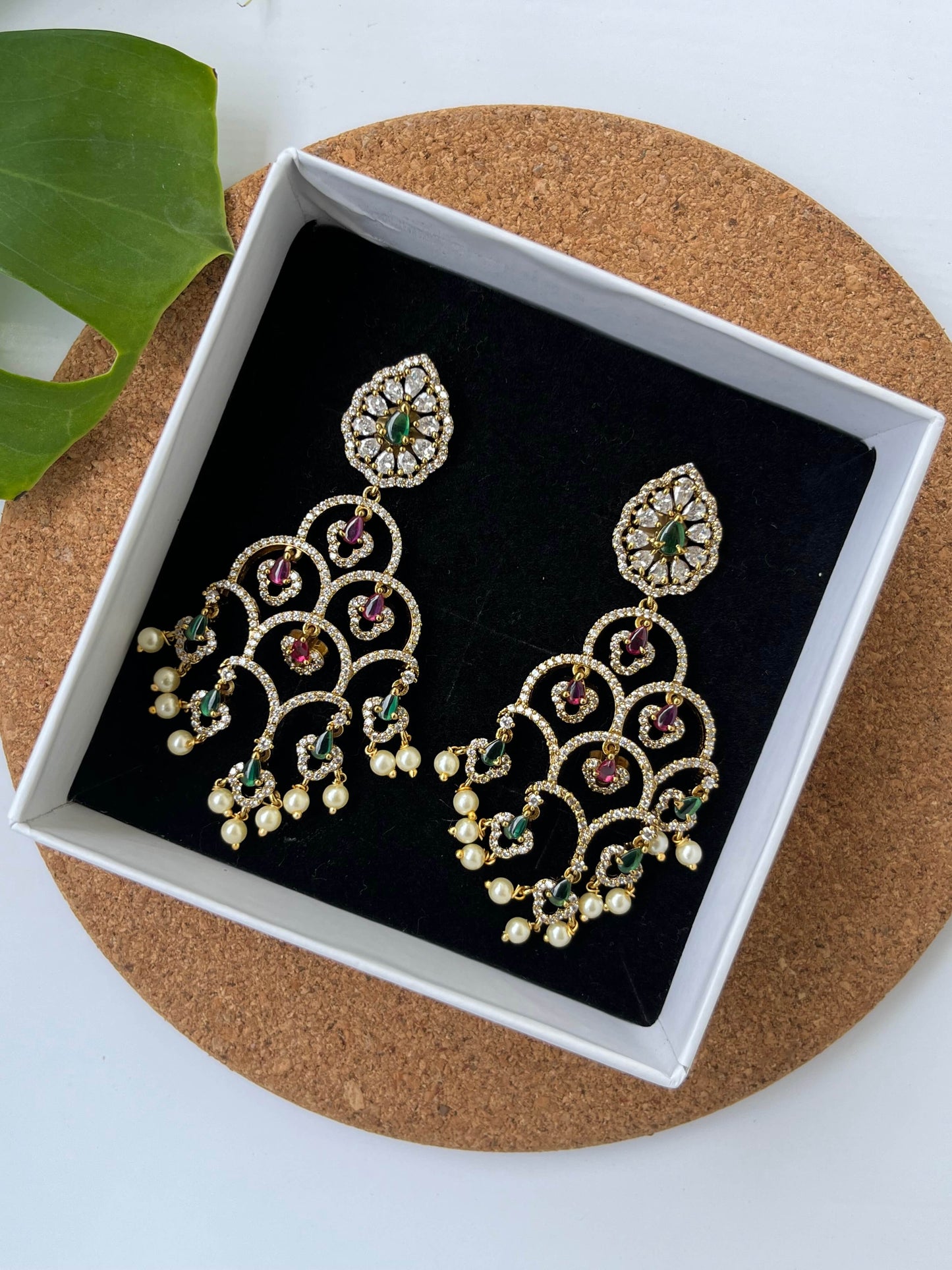 Studded Step Dangler Earrings with Emerald & Ruby Accents