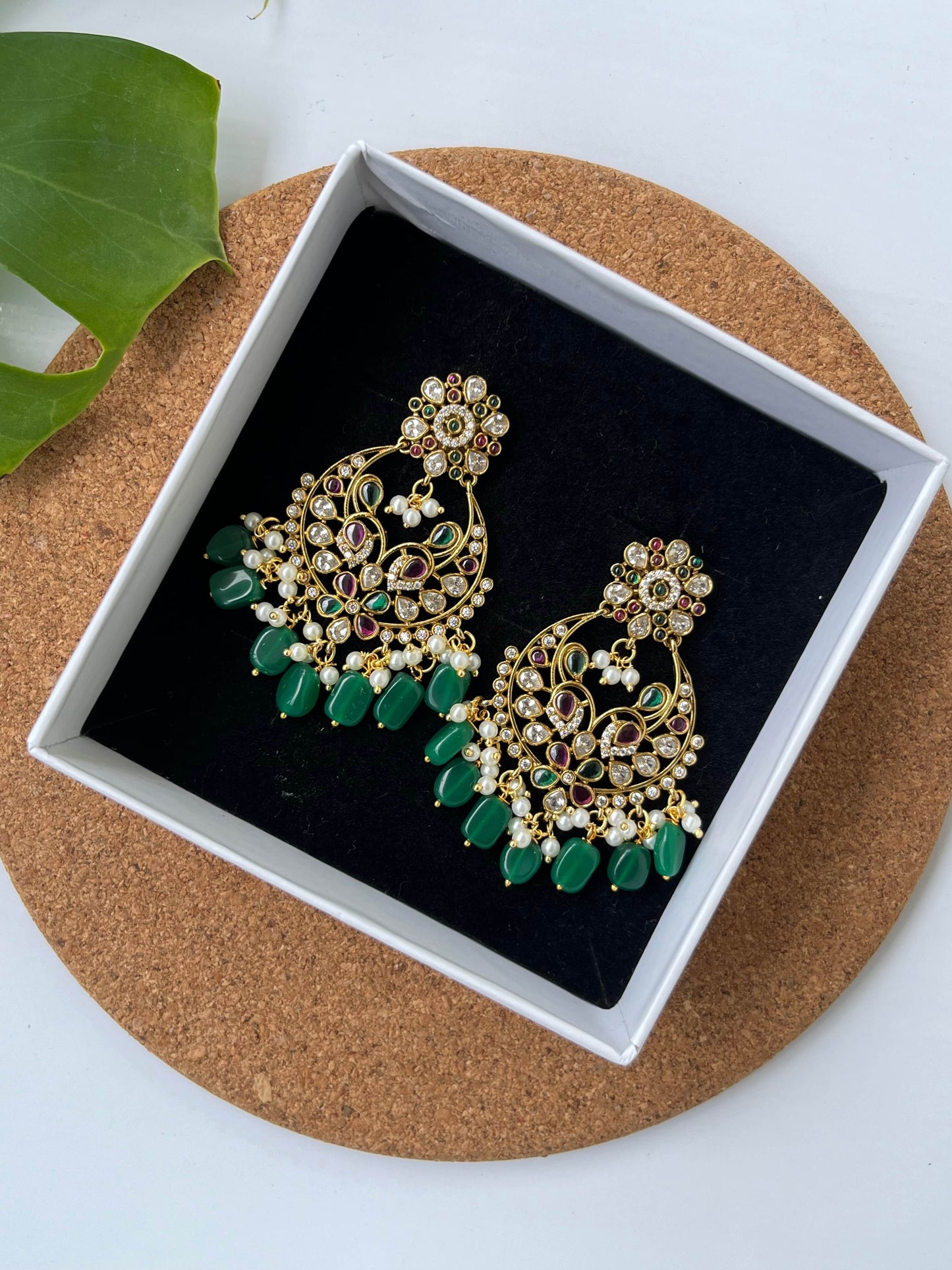 Flower Motif Chaandbali Earrings with Emerald & Ruby Accents, Green Bead Drops