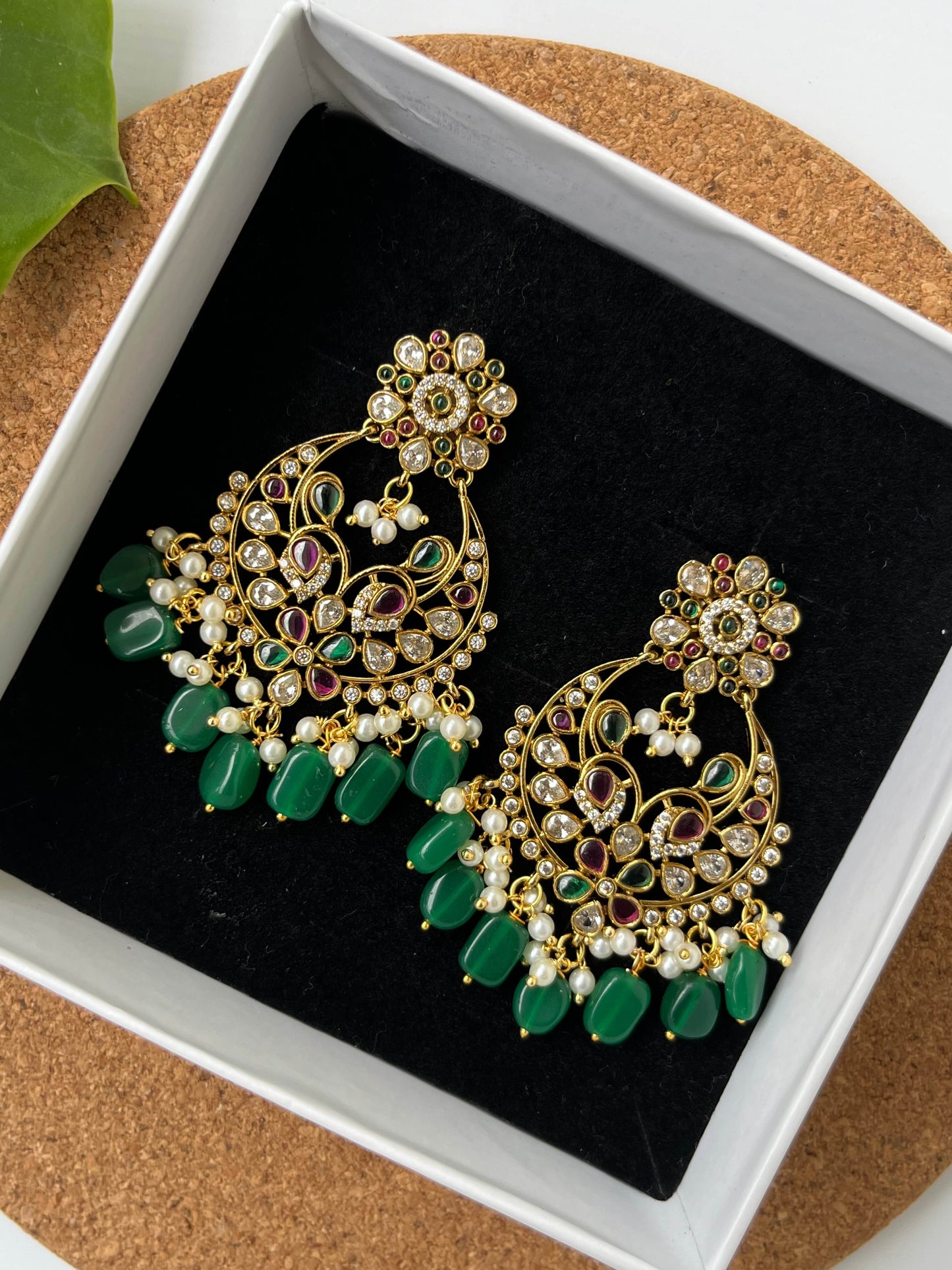Flower Motif Chaandbali Earrings with Emerald & Ruby Accents, Green Bead Drops
