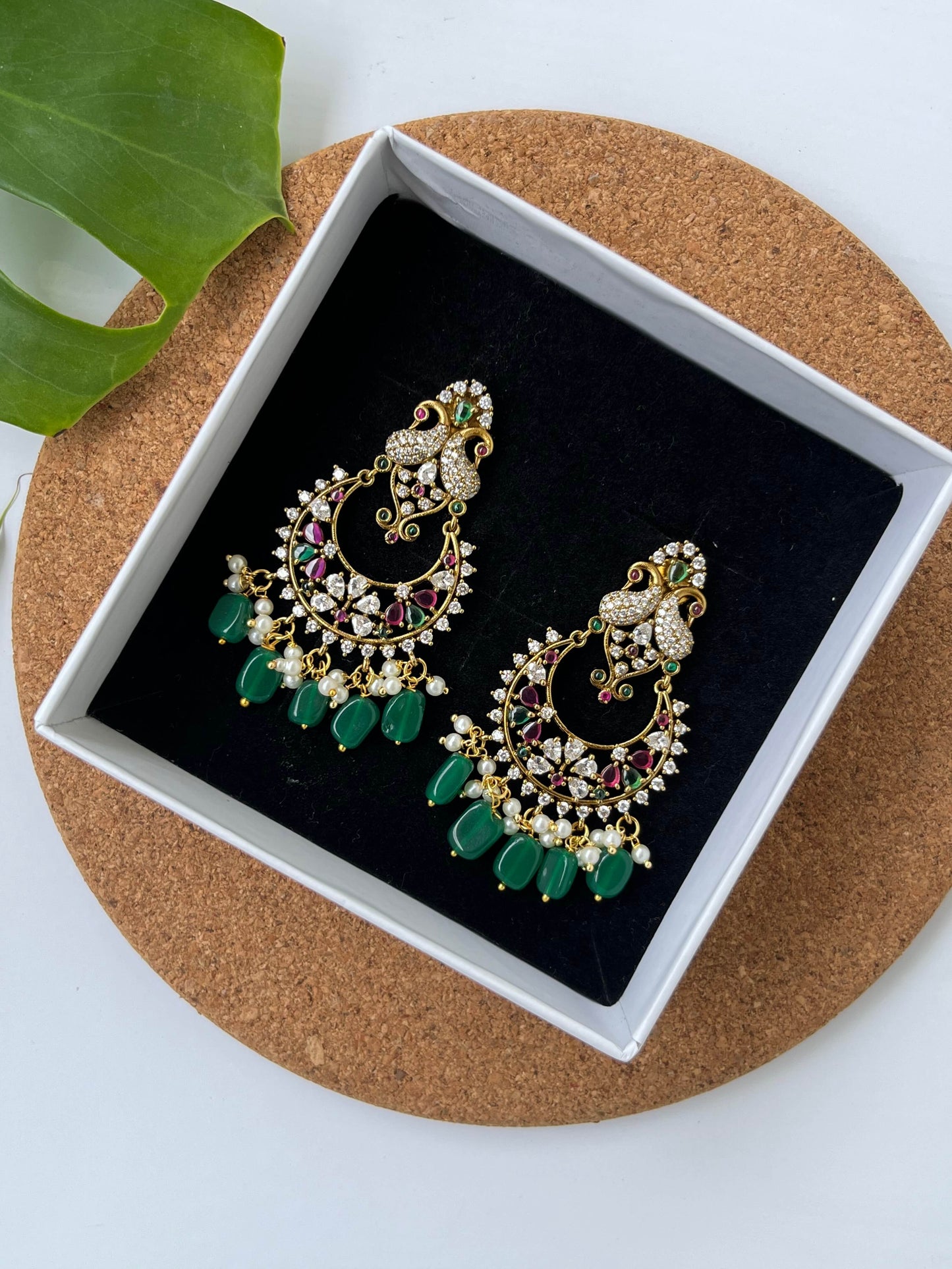 Peacock Motif Chaandbali Earrings with Emerald & Ruby Accents, Green Bead Drops