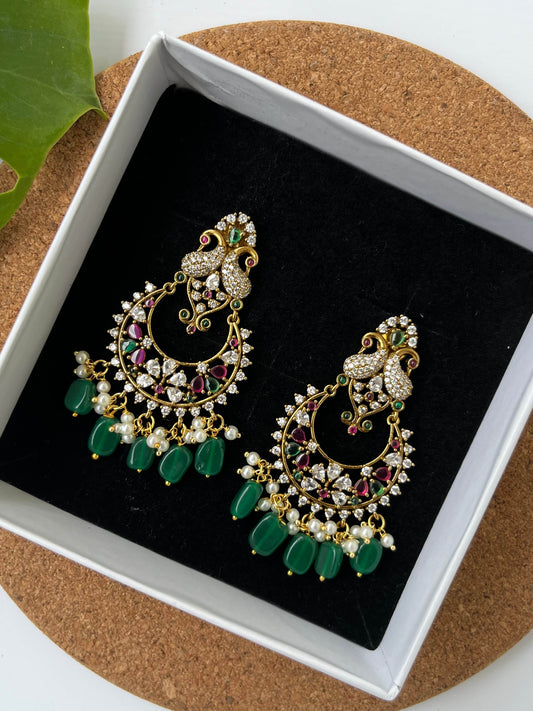 Peacock Motif Chaandbali Earrings with Emerald & Ruby Accents, Green Bead Drops