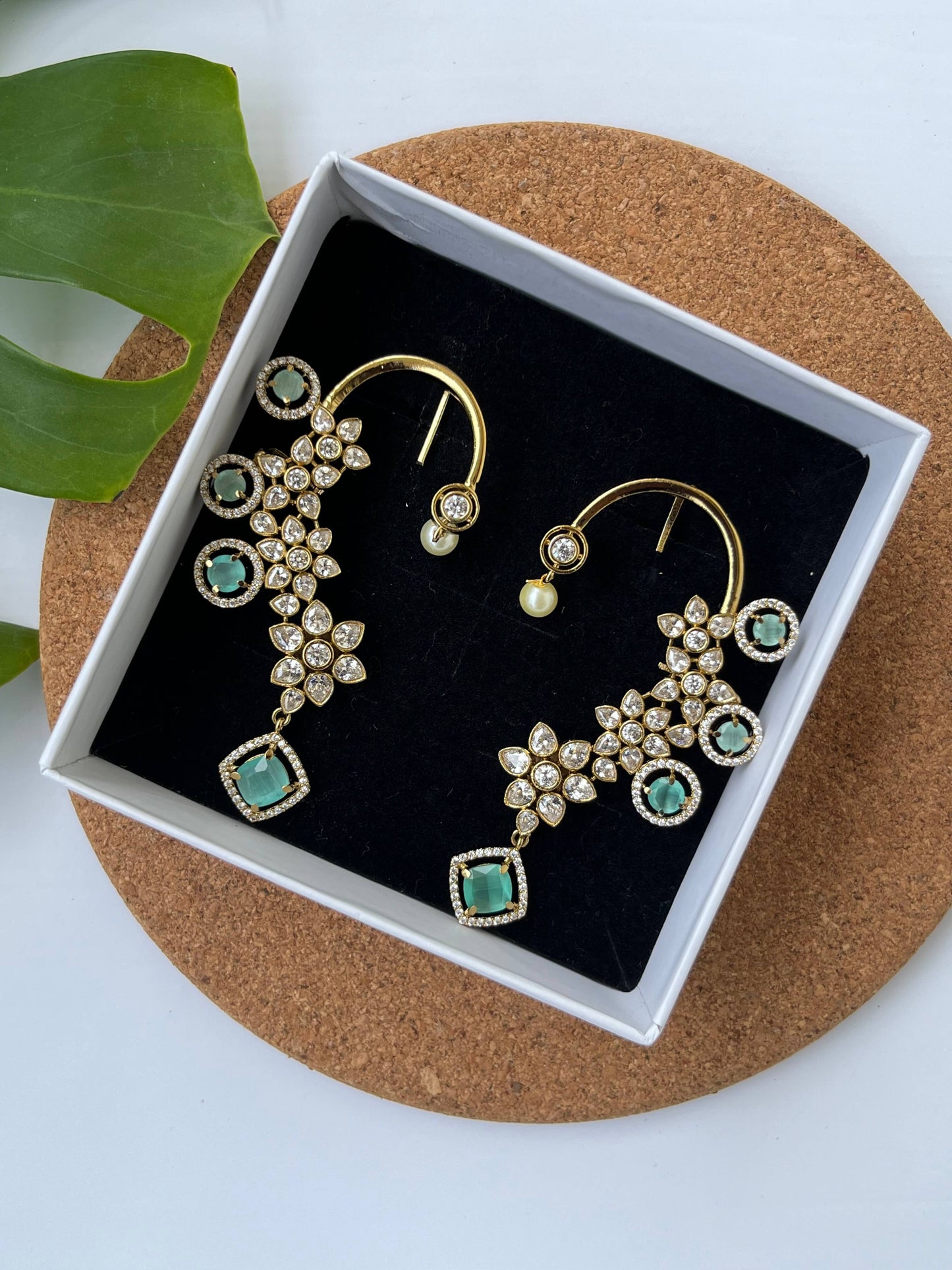 Mint Stone Studded Ear Cuffs with Floral Motifs