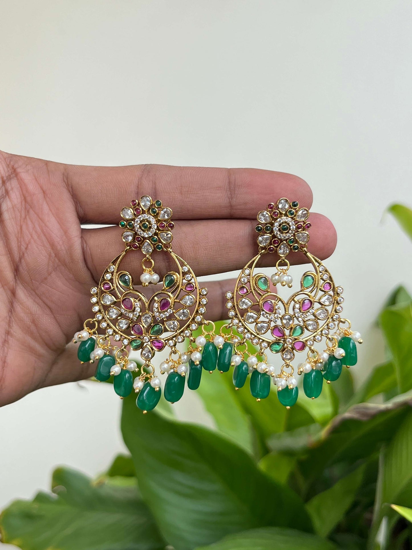 Flower Motif Chaandbali Earrings with Emerald & Ruby Accents, Green Bead Drops