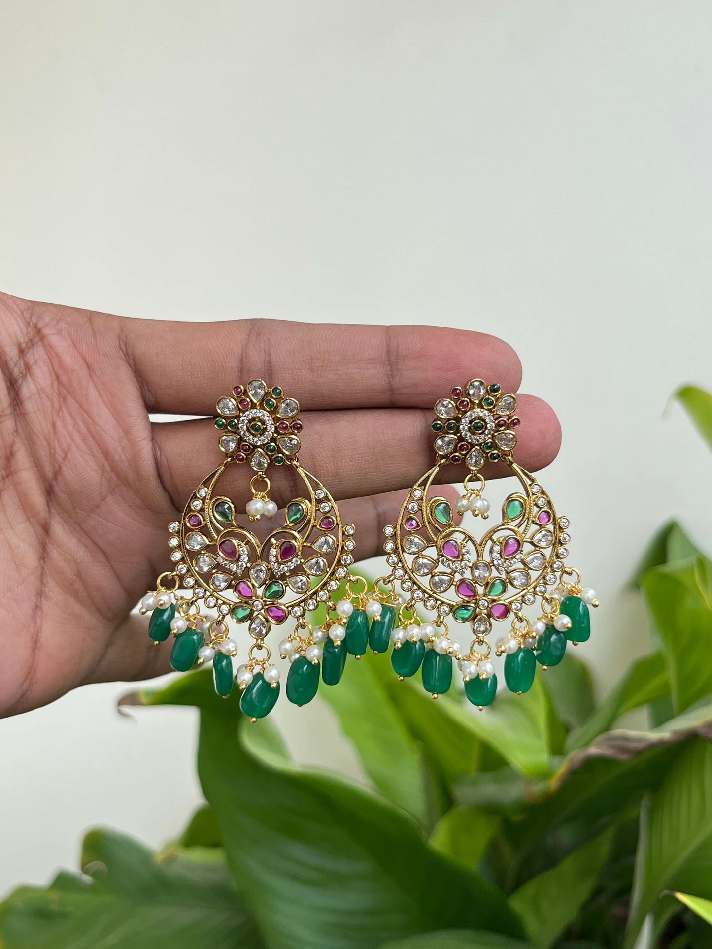 Flower Motif Chaandbali Earrings with Emerald & Ruby Accents, Green Bead Drops