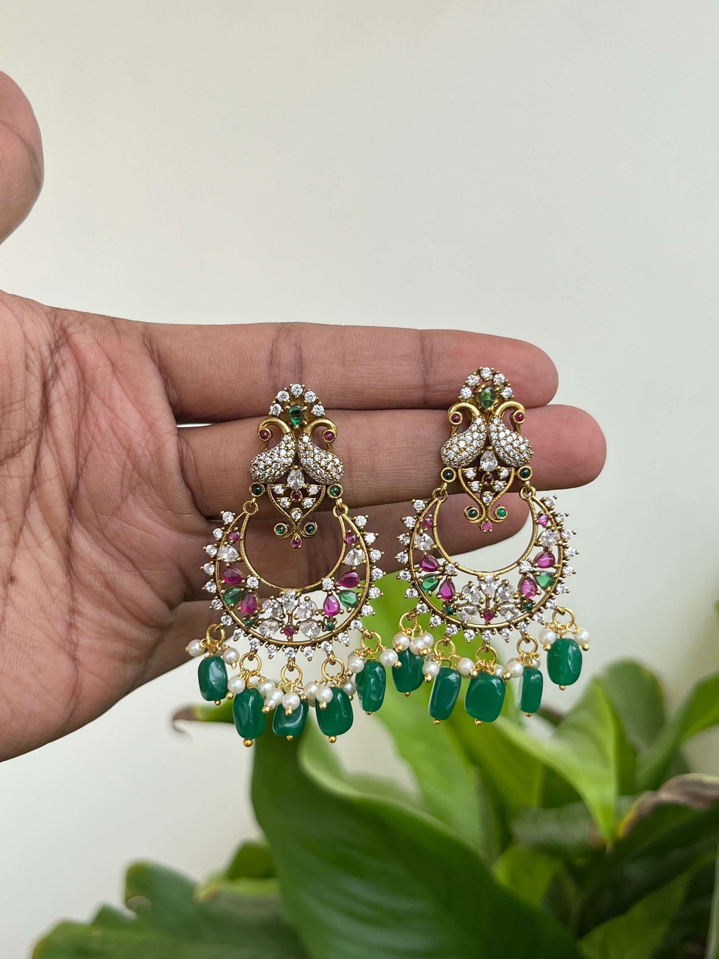Peacock Motif Chaandbali Earrings with Emerald & Ruby Accents, Green Bead Drops