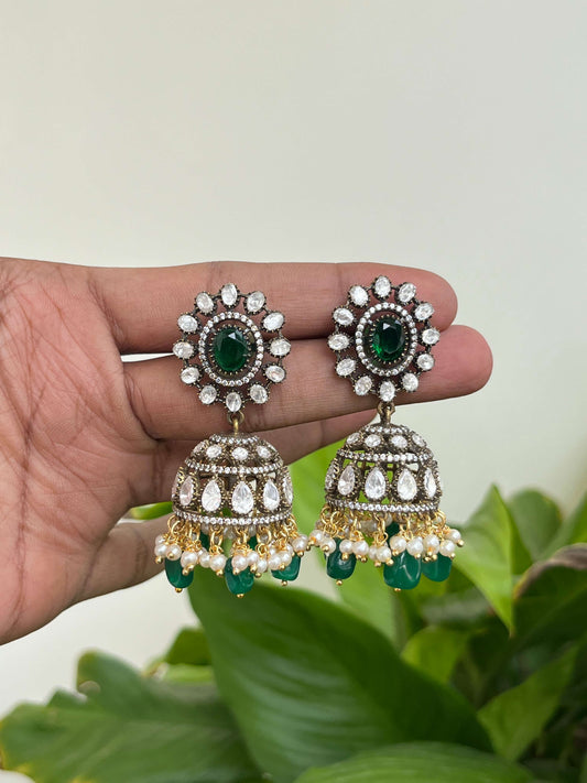 Big Kundan Jhumka Earrings with Foil Back & Emerald Green Stone