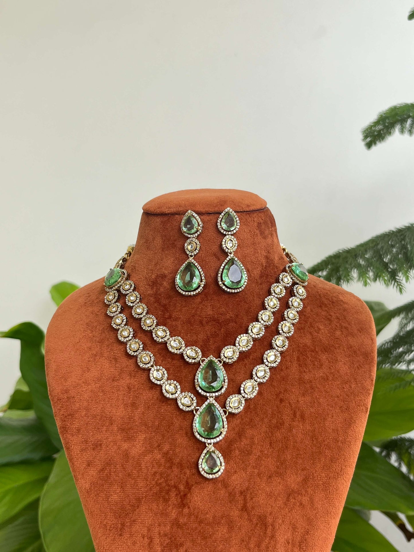 Moissanite Kundan Necklace Set with Green Pear Stones | Handcrafted Jewelry