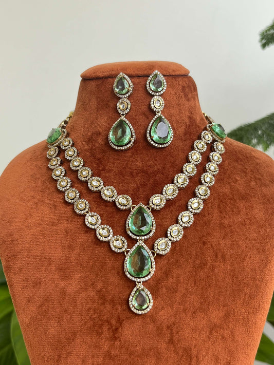 Moissanite Kundan Necklace Set with Green Pear Stones | Handcrafted Jewelry