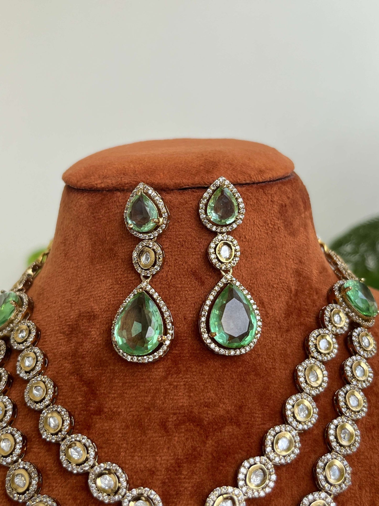 Moissanite Kundan Necklace Set with Green Pear Stones | Handcrafted Jewelry
