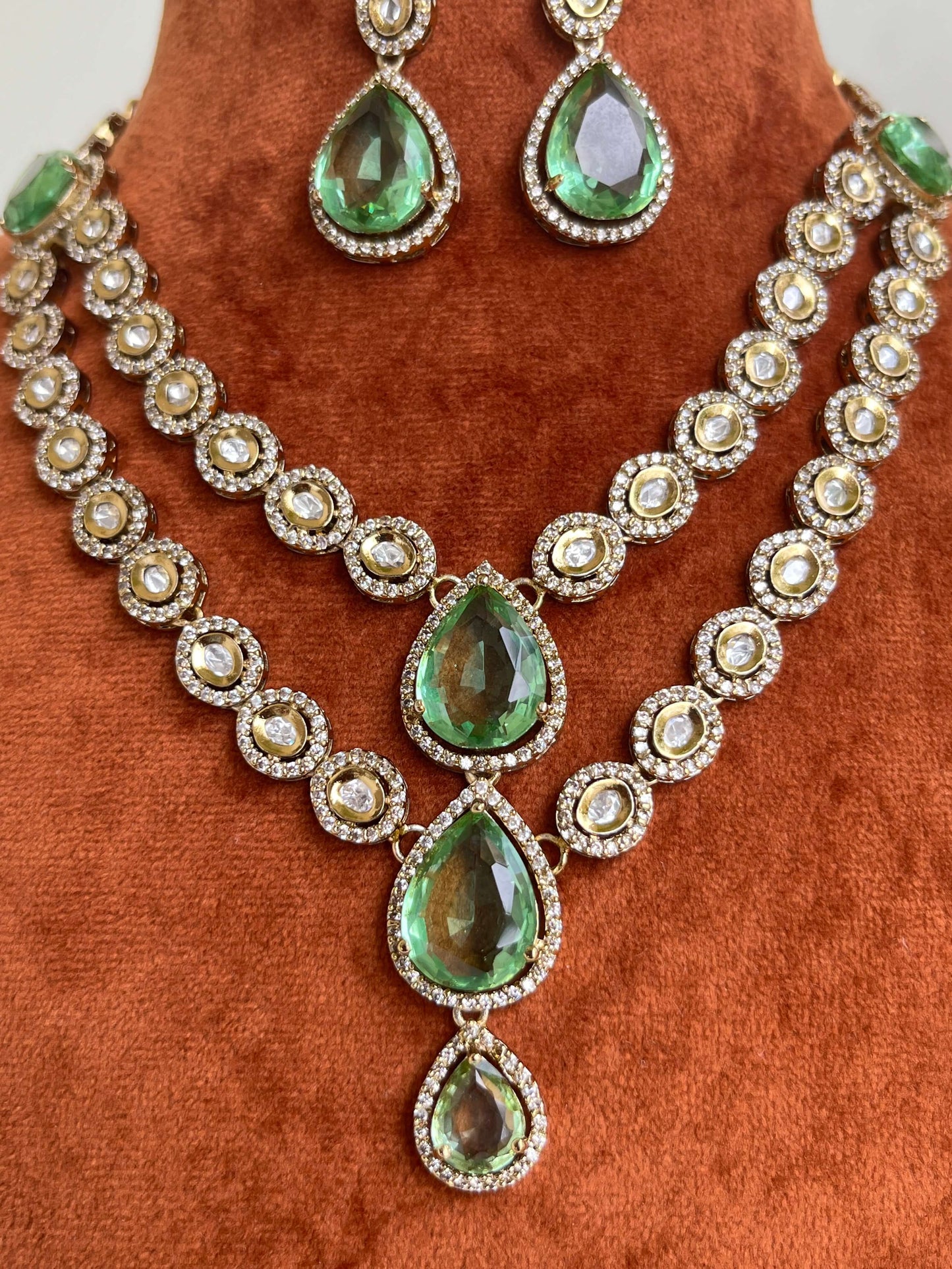 Moissanite Kundan Necklace Set with Green Pear Stones | Handcrafted Jewelry