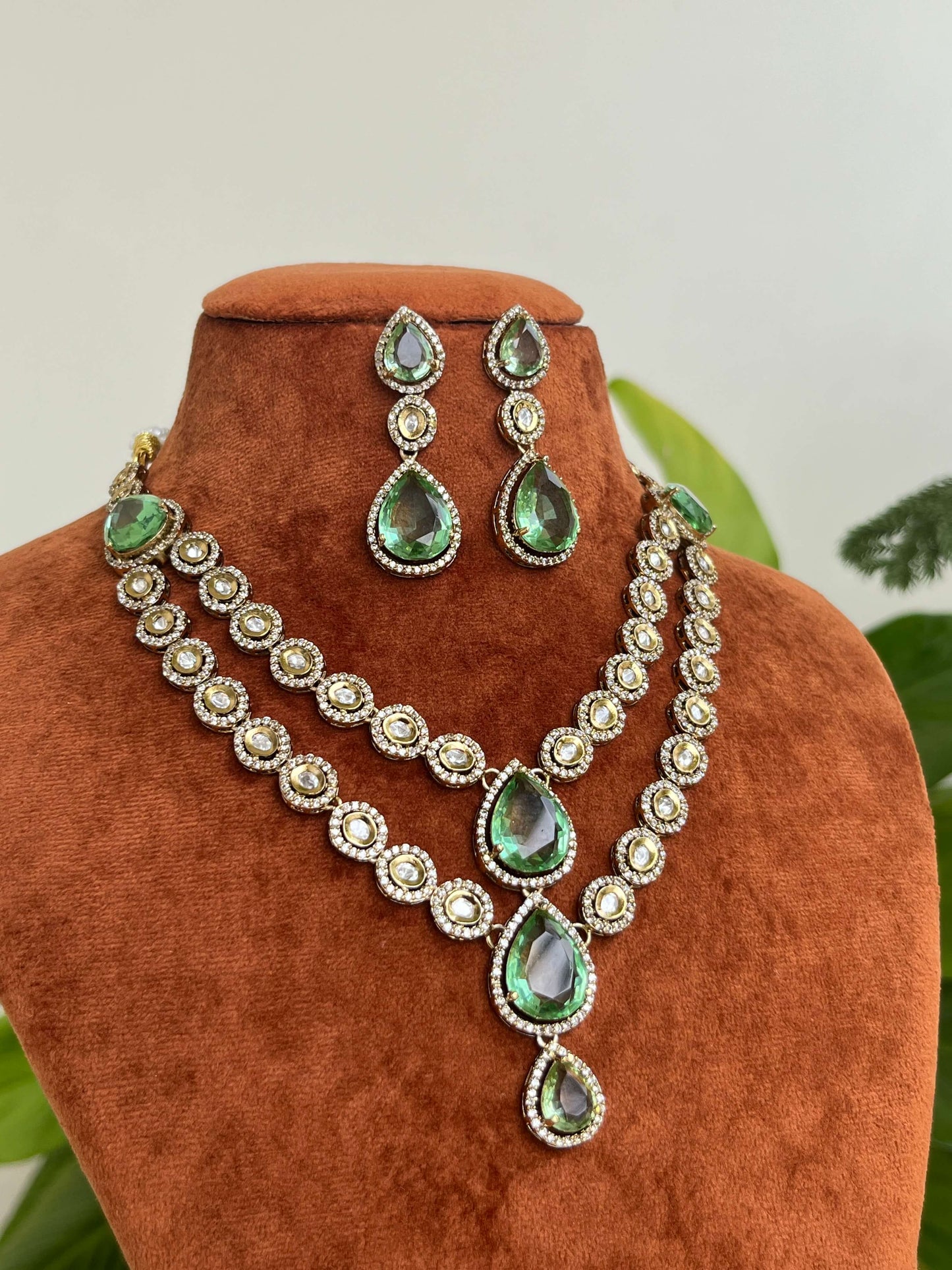 Moissanite Kundan Necklace Set with Green Pear Stones | Handcrafted Jewelry