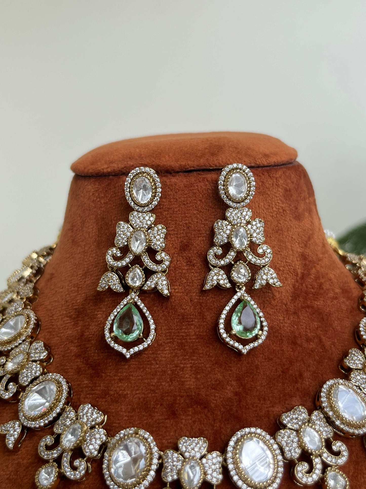 Moissanite Polki Foil-Back Kundan Necklace Set with Pastel Green & Pink Drops