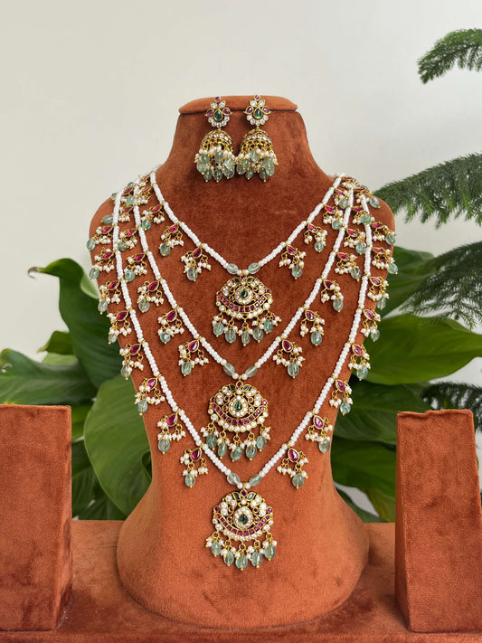 Kemp Stone Pearl Rani Haram Set with Green Beads & Jhumka Earrings