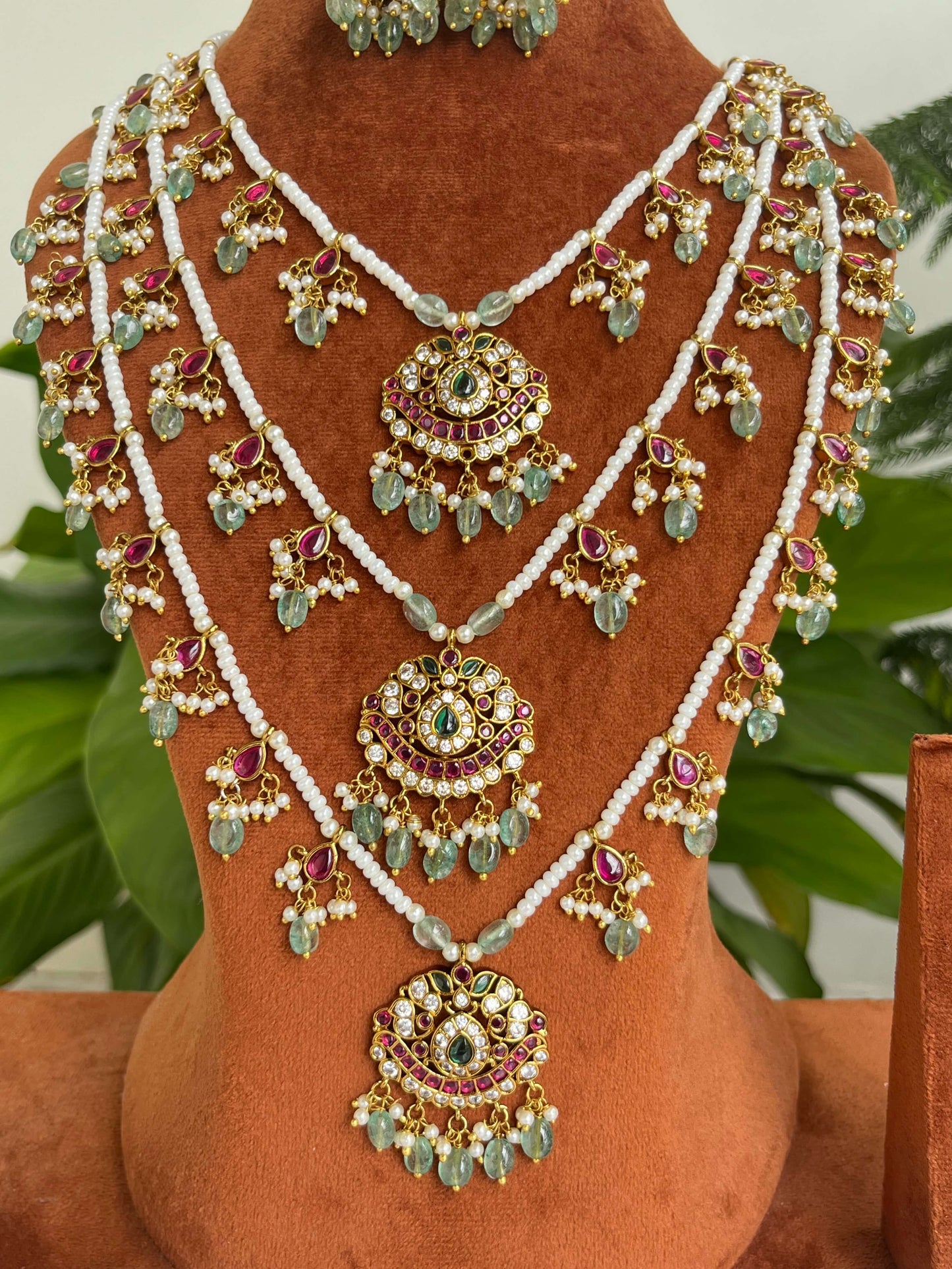 Kemp Stone Pearl Rani Haram Set with Green Beads & Jhumka Earrings