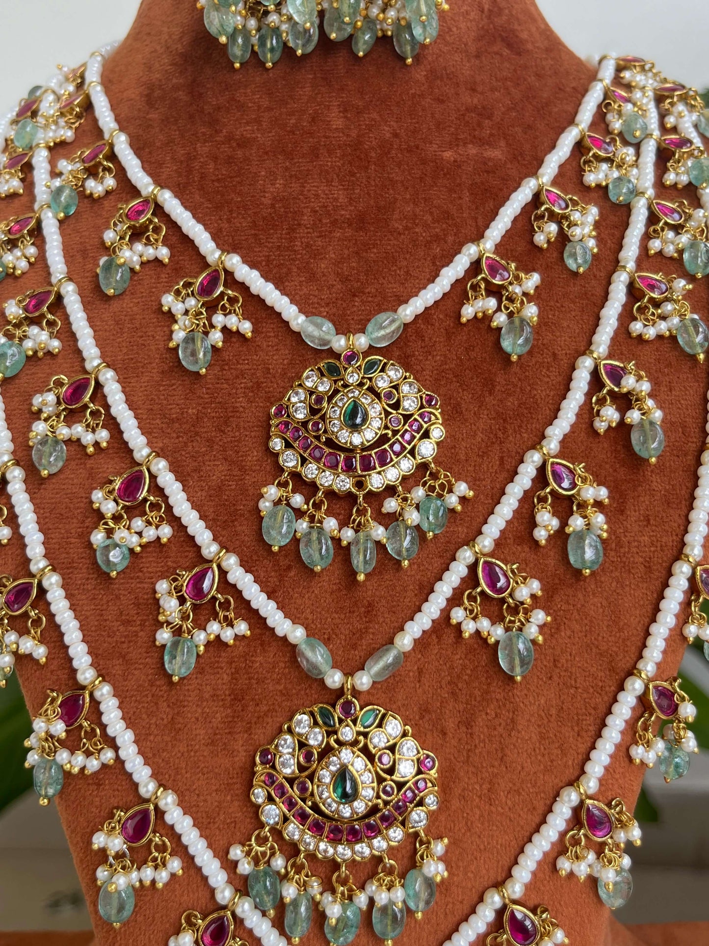 Kemp Stone Pearl Rani Haram Set with Green Beads & Jhumka Earrings