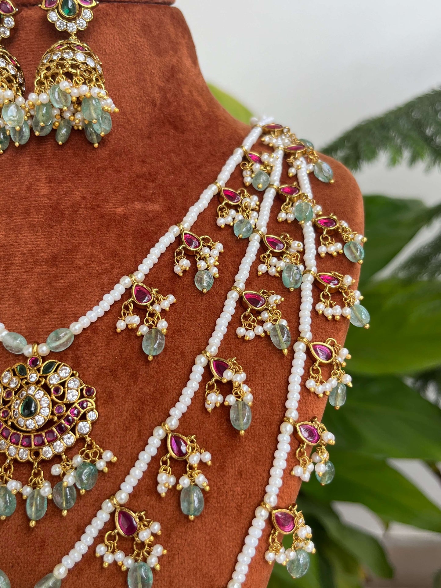 Kemp Stone Pearl Rani Haram Set with Green Beads & Jhumka Earrings